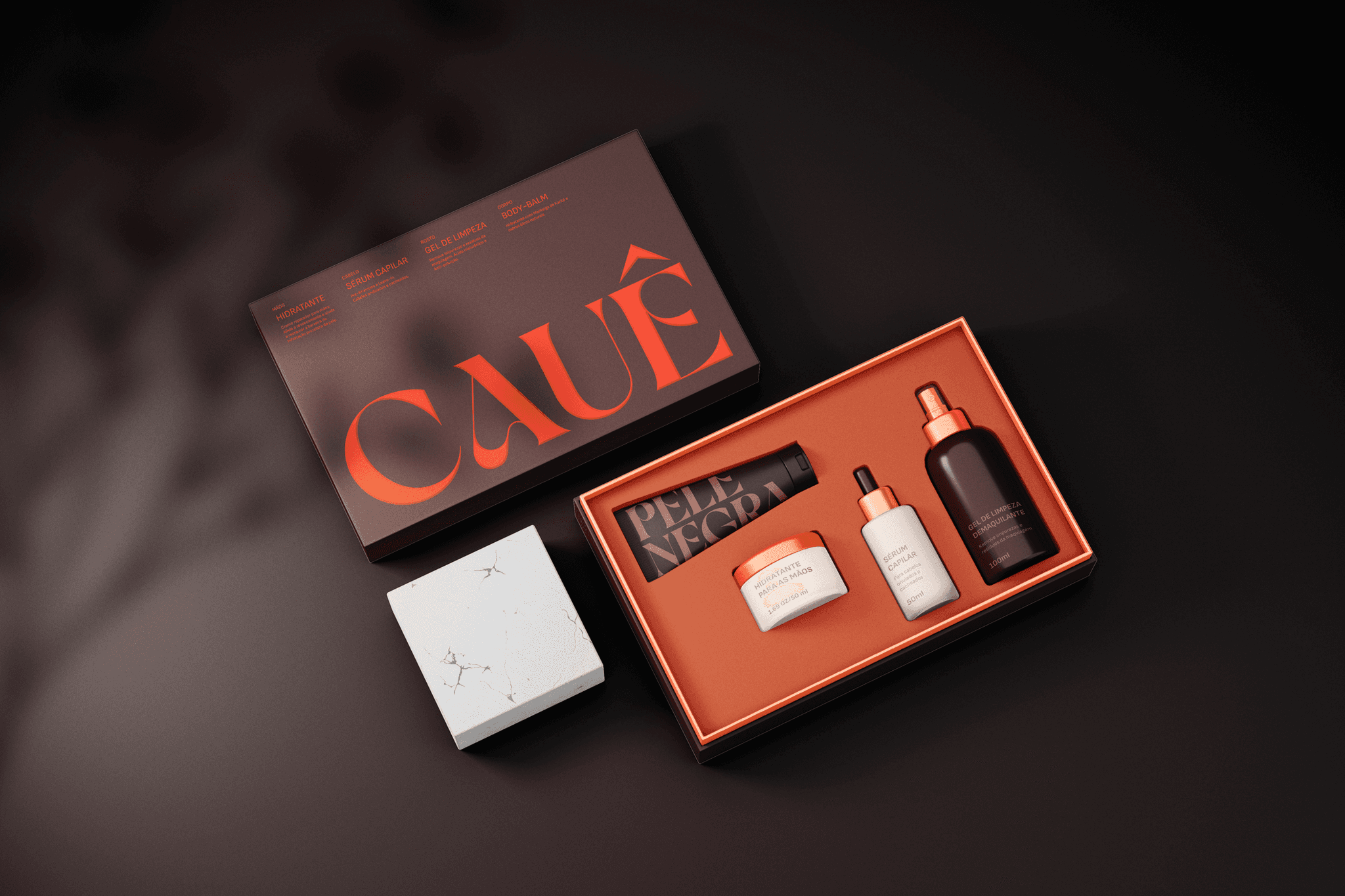 Brand identity applied to a beauty box for Cauê Cedar.