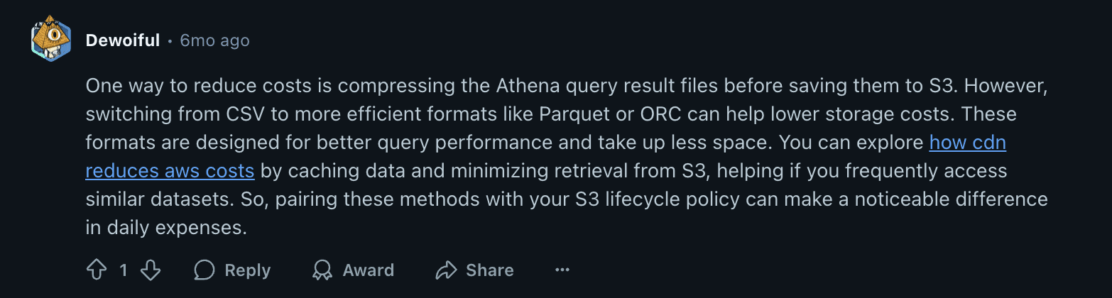 Screenshot of a Reddit comment recommending Parquet or ORC formats and S3 lifecycle policies to slash Athena result-file storage costs.