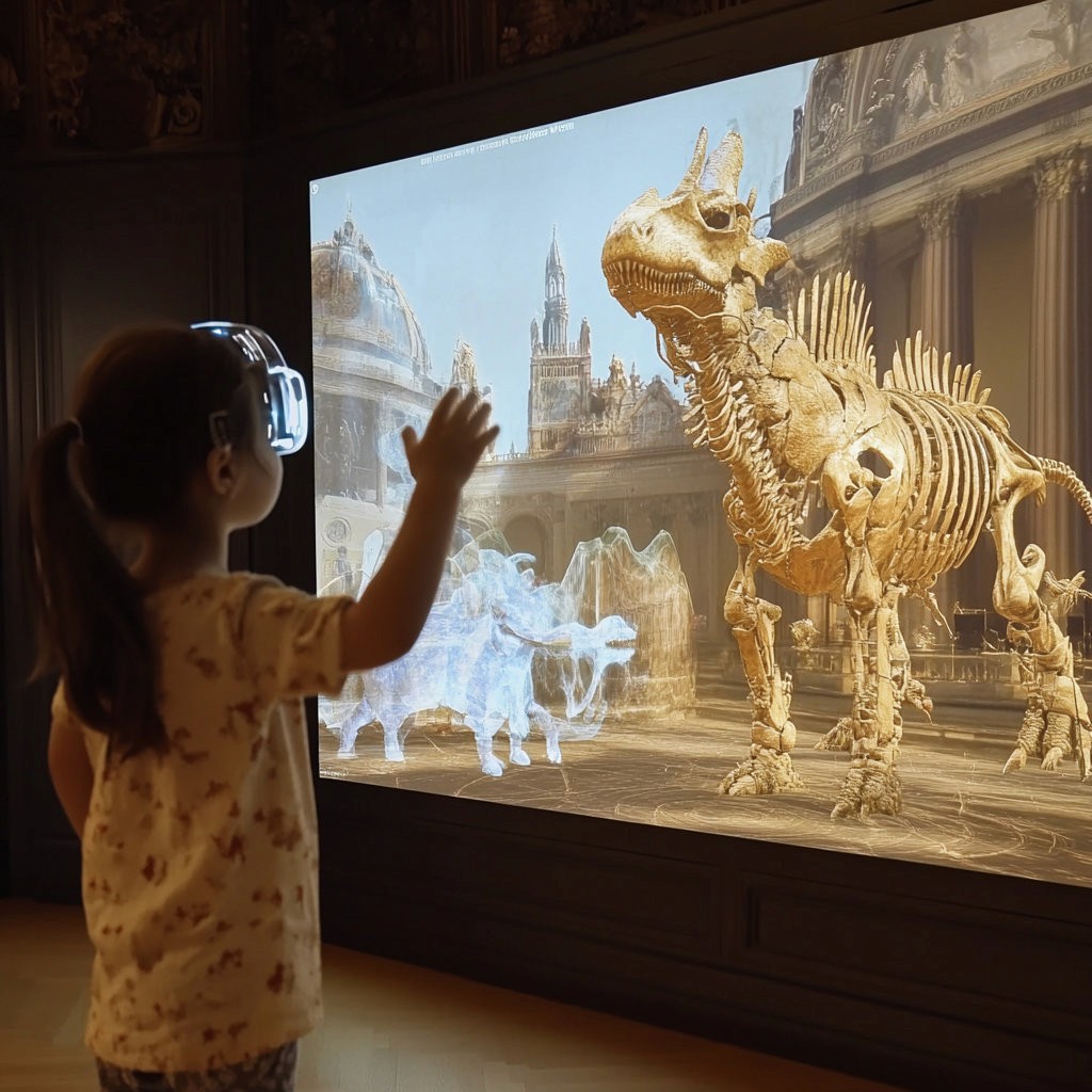 a child reaching toward a digital dinosaur