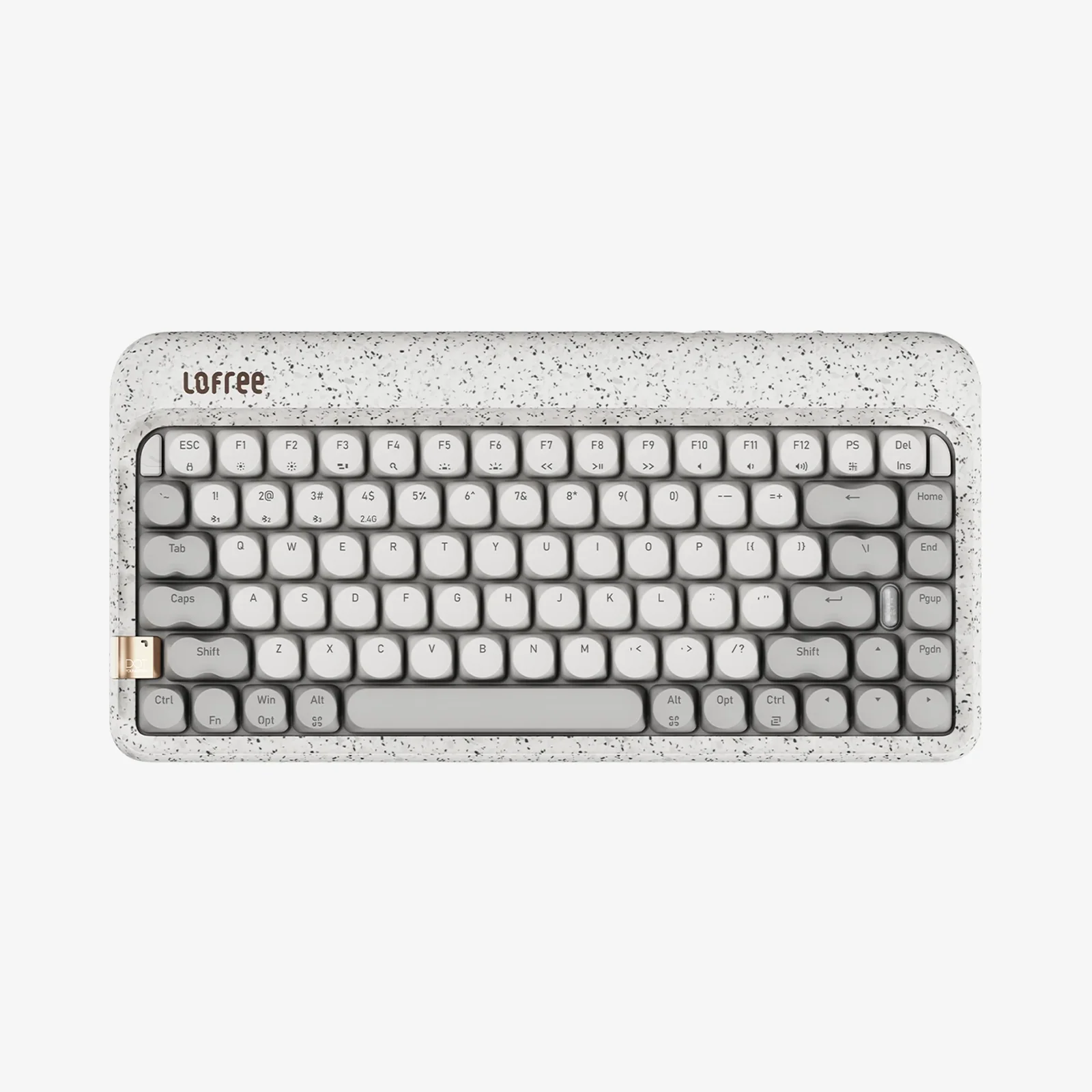 Lofree Zero Artz mechanical keyboard with a speckled white terrazzo case and grey keycaps, shown from above.