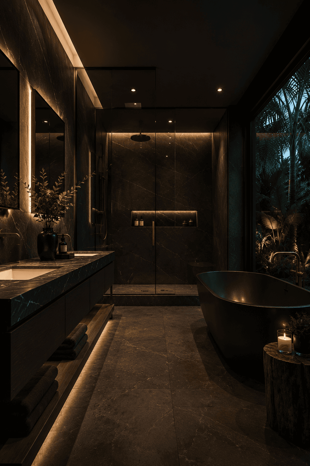 Modern bathroom featuring a walk-in shower, wooden vanity, round mirror, and elegant marble tiles.