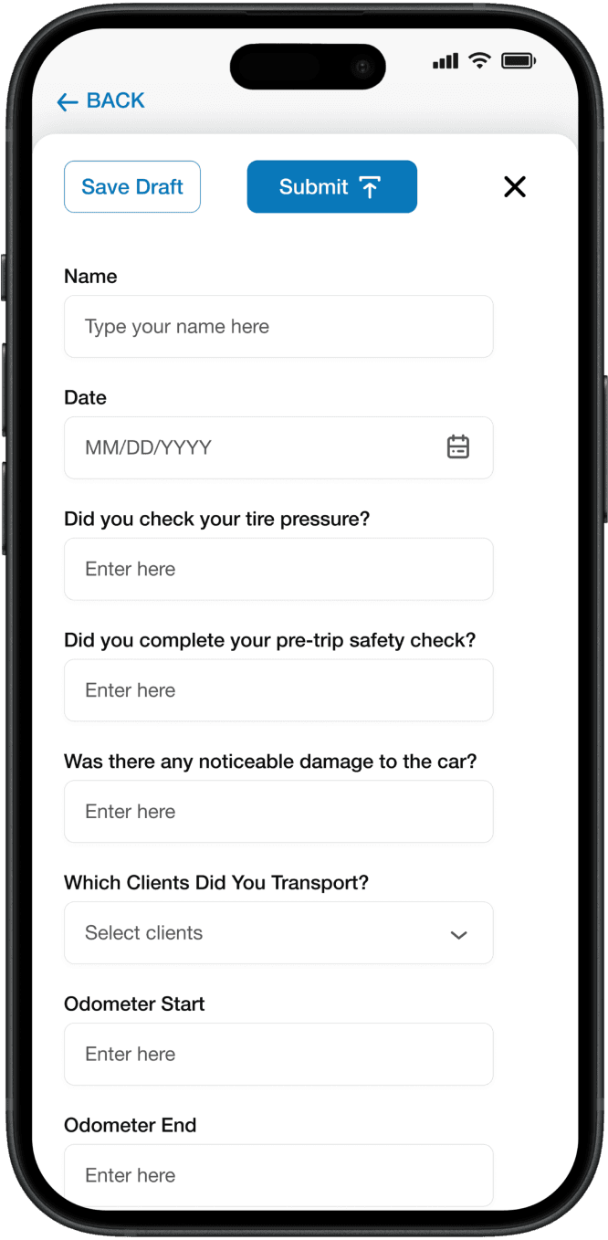 Transportation form in mobile app.
