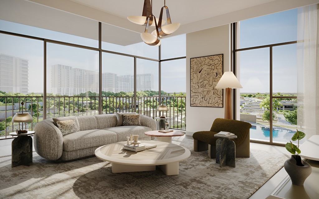 A spacious living room with large windows offering a view of the pool at Terra Gardens.