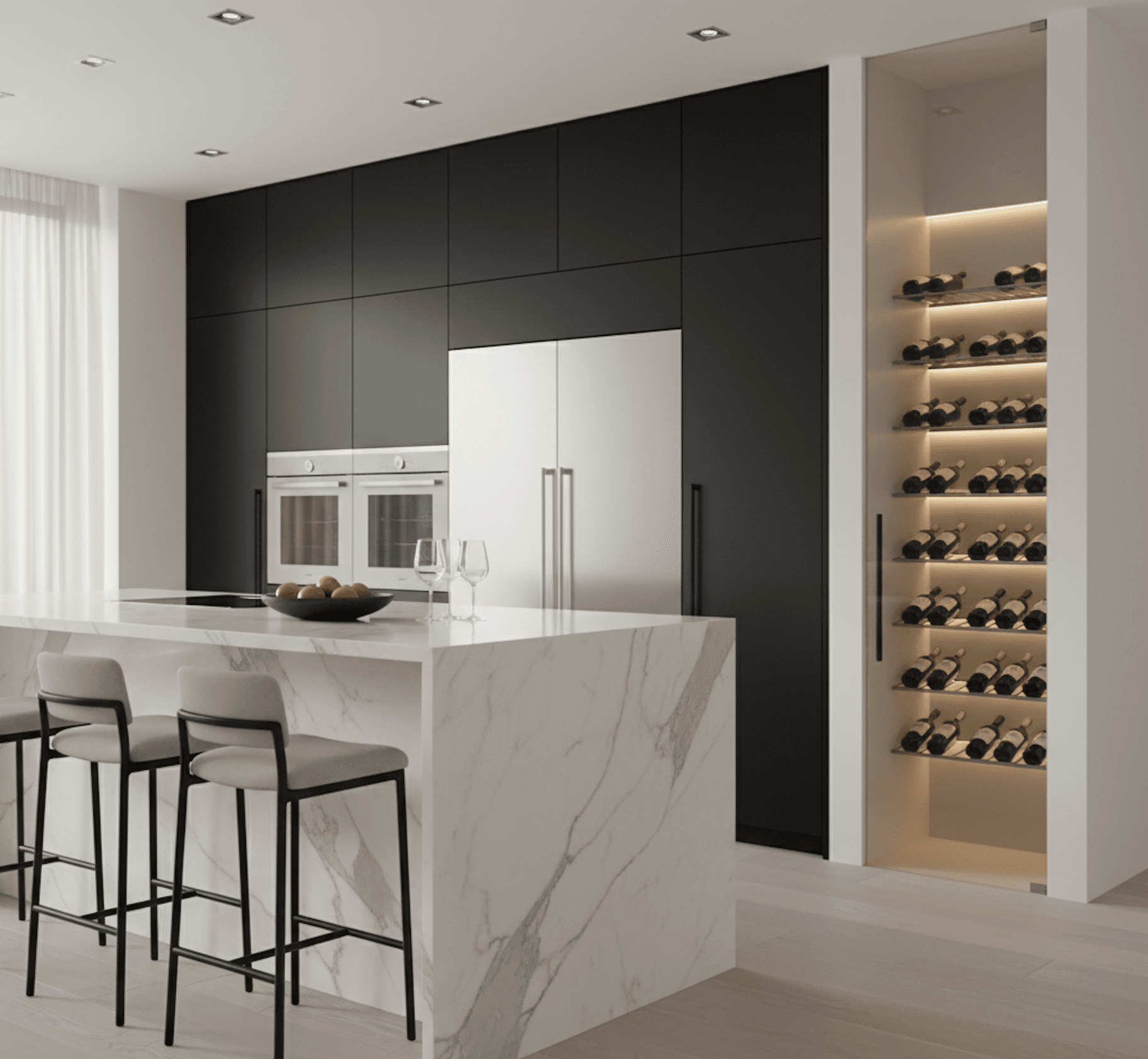 modern kitchen with marble island and  small wine cellar
