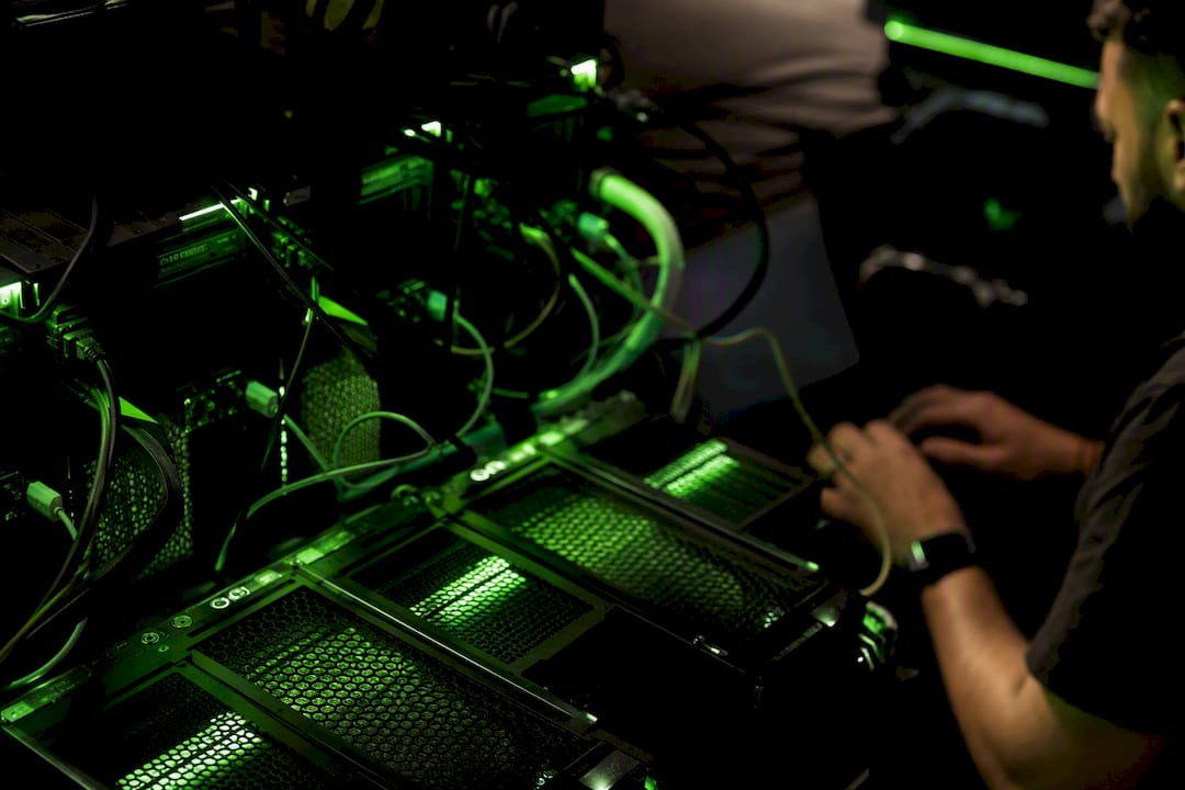 Neon-lit blockchain server racks close-up