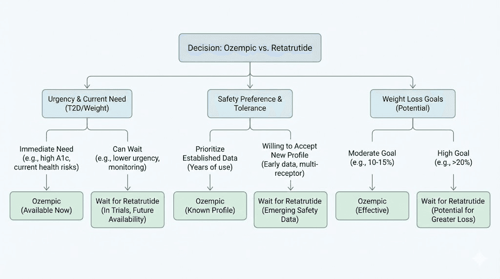 Decision guide flowchart for choosing between Ozempic and retatrutide
