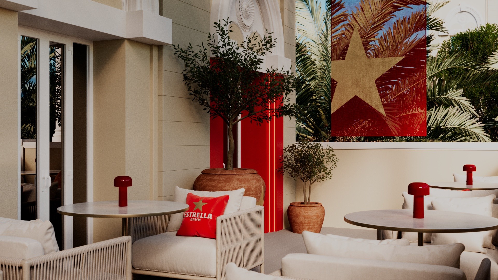 Detailed view of spatial branding elements designed by our team for Estrella Terrace project