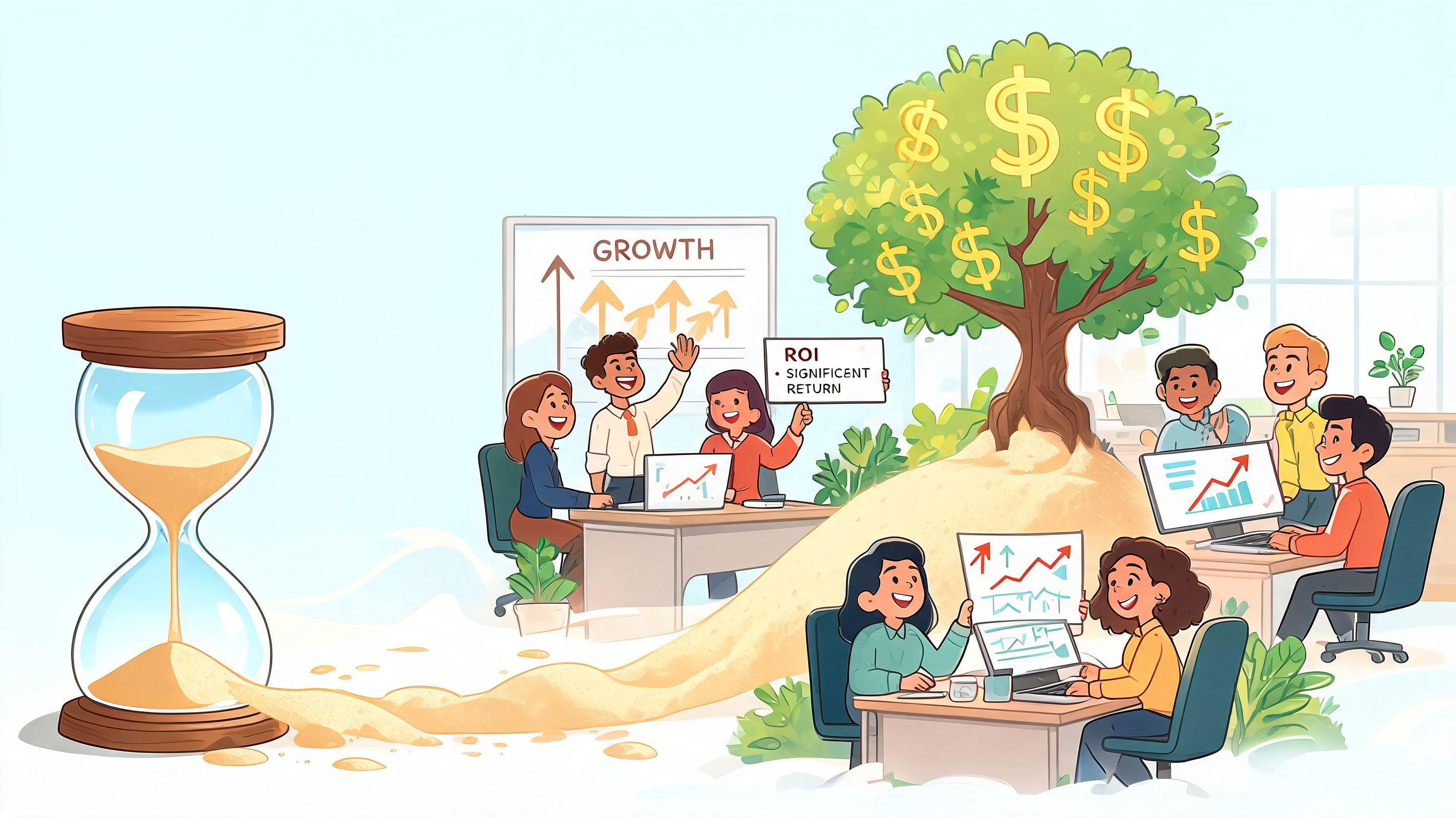 A team of professionals collaborating in an office while sand flows from an hourglass toward a money tree.