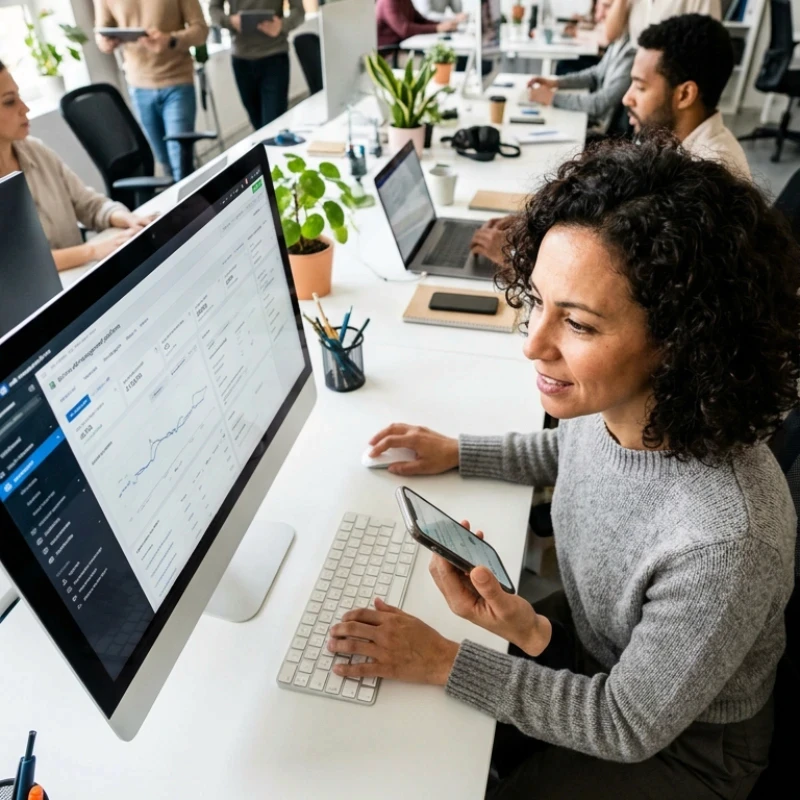 Équipe de professionnels en agence analysant des tableaux de bord clairs, des graphiques de performance simplifiés et des indicateurs clés sur plusieurs écrans haute résolution, illustrant notre expertise en Stratégie de comm 360° pour garantir un pilotage simple et lisible de vos campagnes.