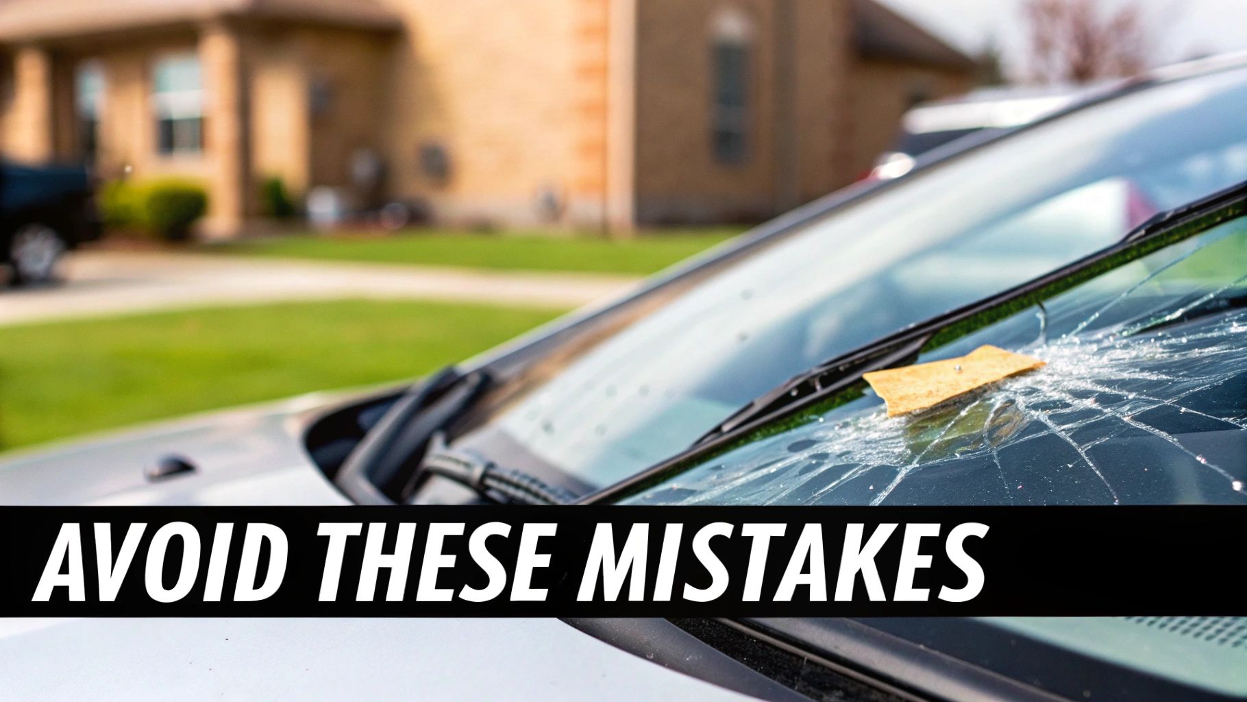 Damaged car windshield with a large star-shaped crack and a piece of paper under the wiper blade.