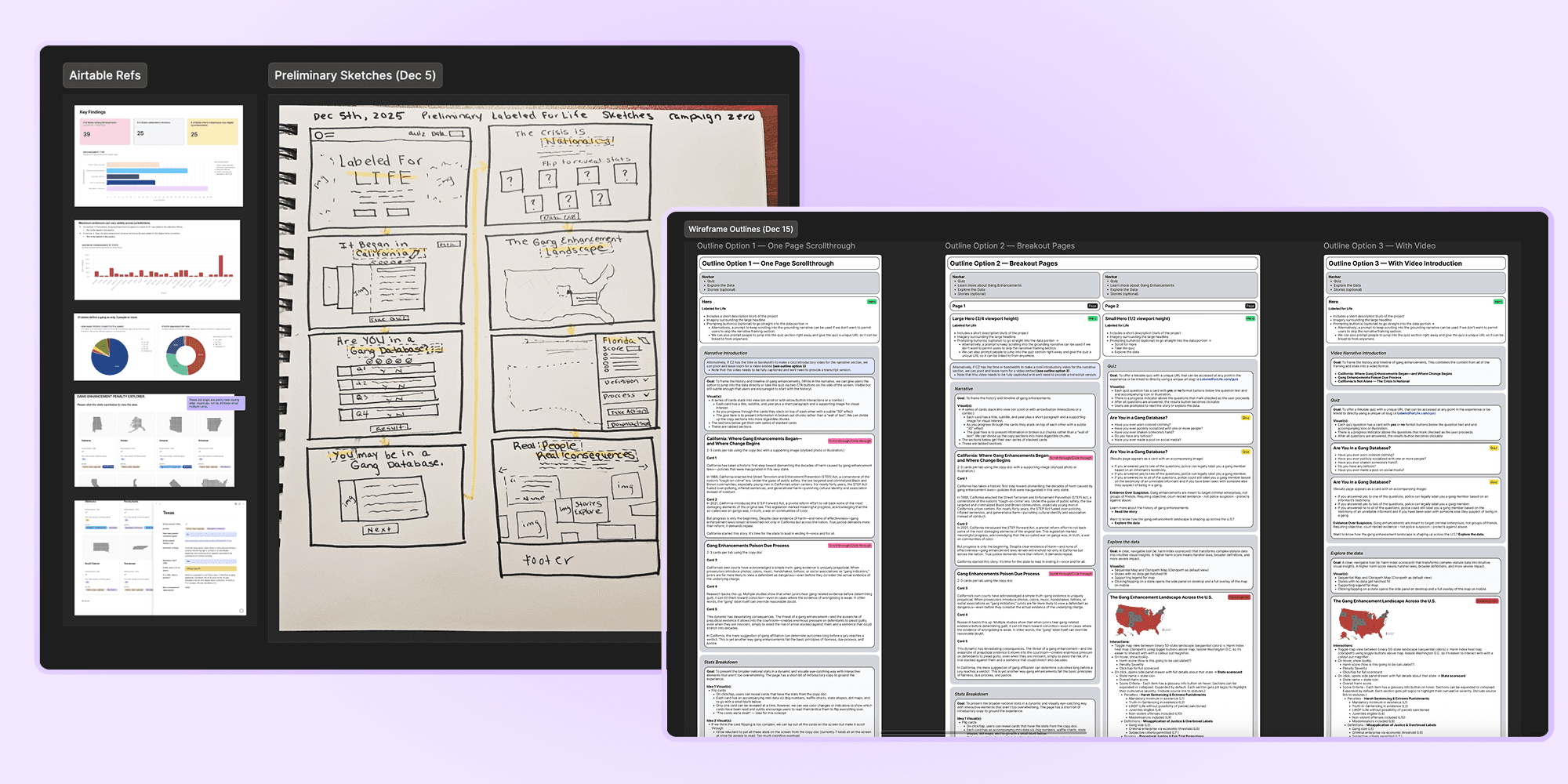 Figma setup with data screenshots, hand sketches, and written wireframe options