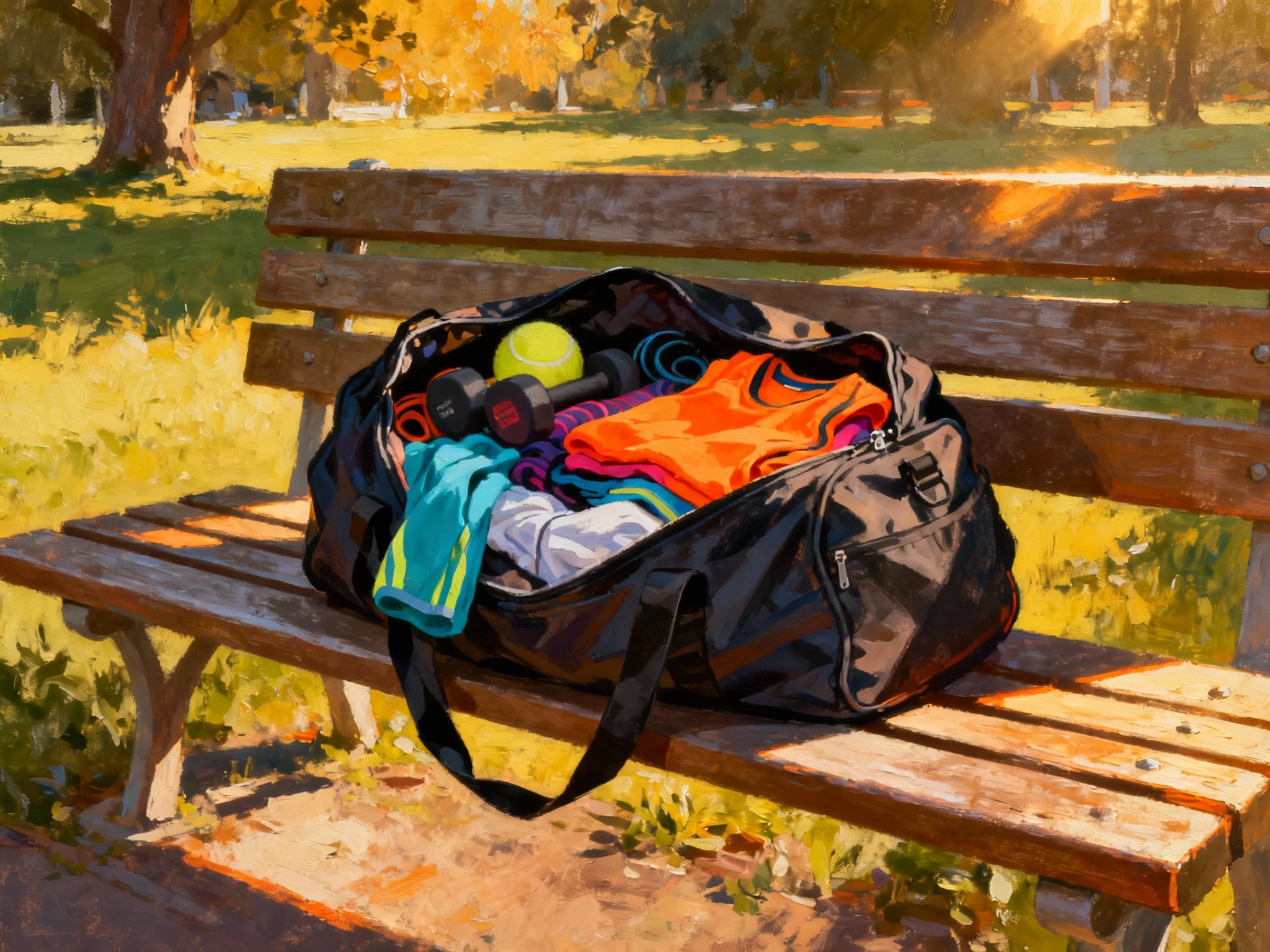 An open gym bag overflowing with vibrant workout clothes and gear rests on a sunlit wooden bench at