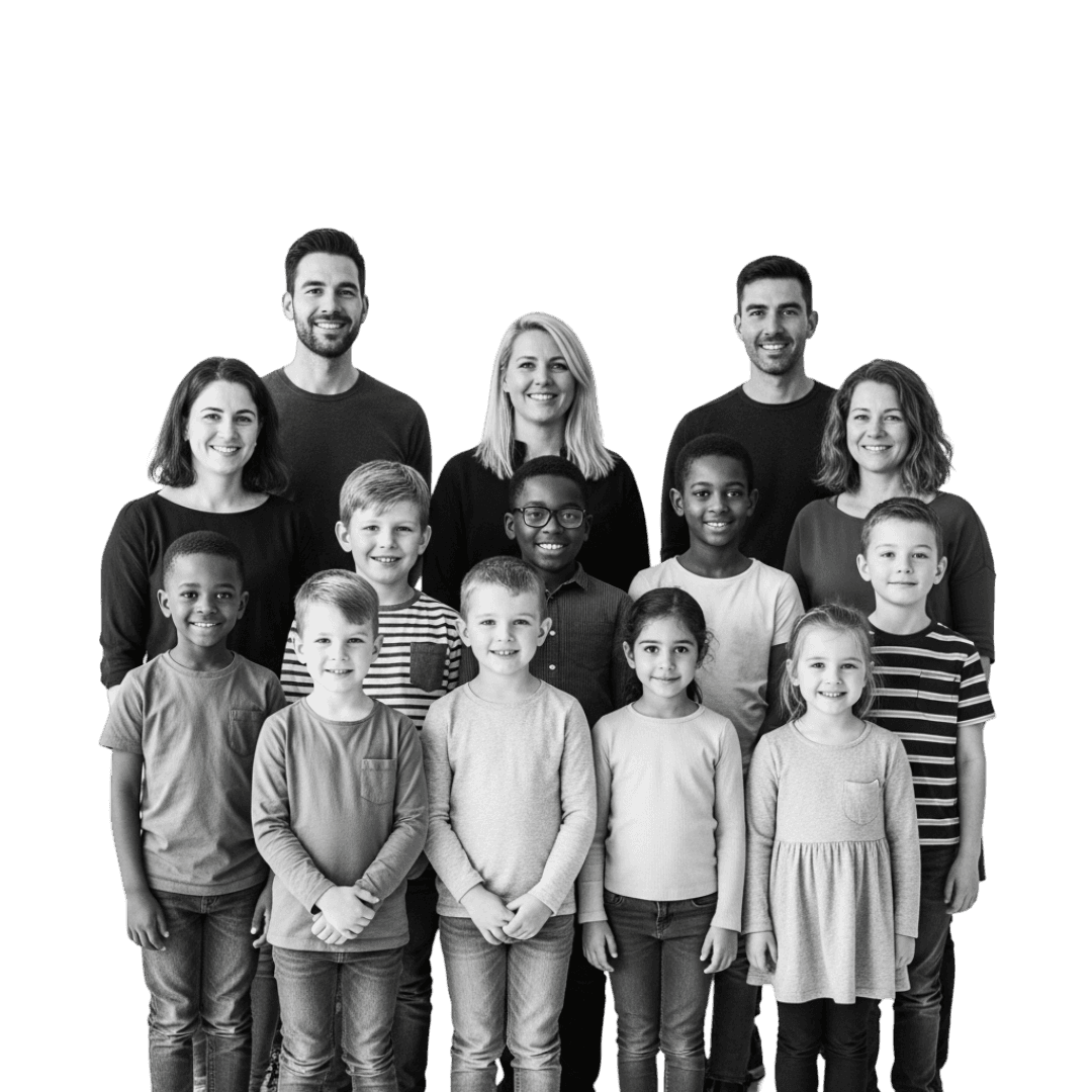 Group of smiling adults and children standing together