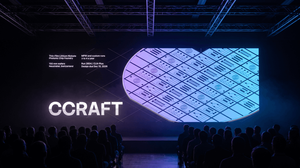 The CCRAFT name and a photonic chip wafer on a large stage screen, shown to a seated audience. A rendered image.