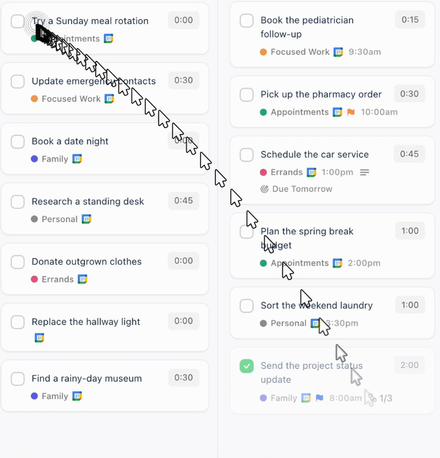 Stacked frames of the same pointer reach with smoothing on: the arrows form one even diagonal line from the first task down to the Send the project status update task