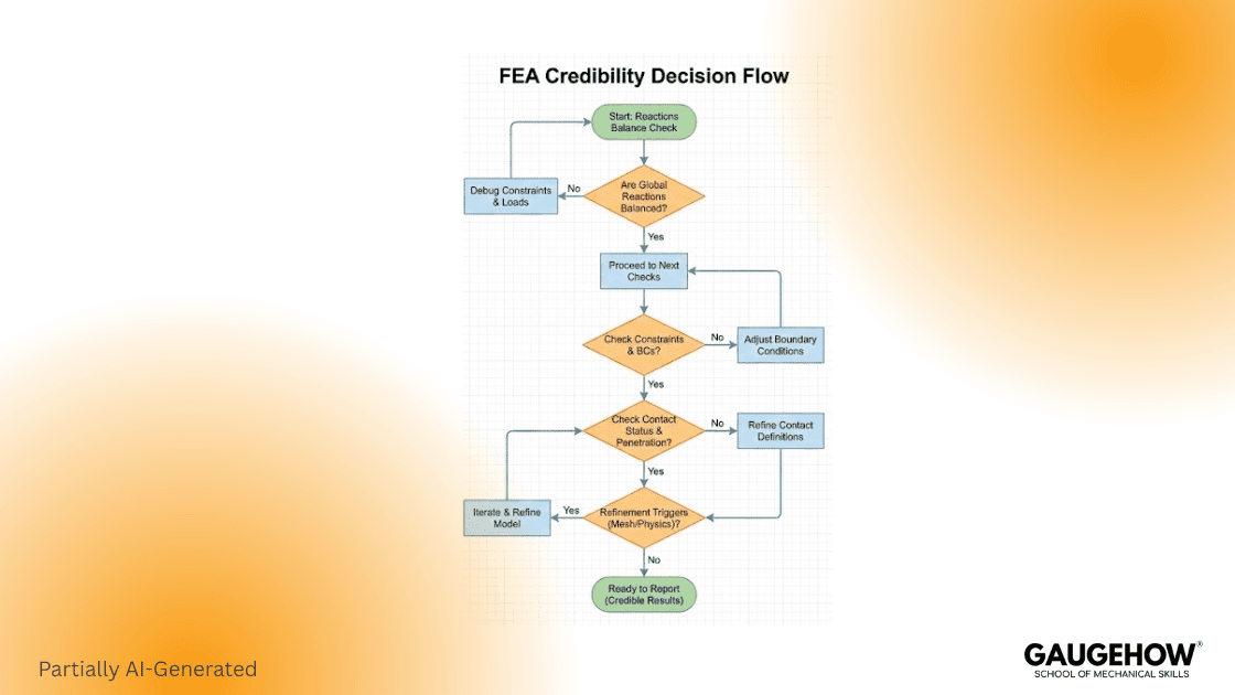FEA credibility flowchart reactions constraints contact