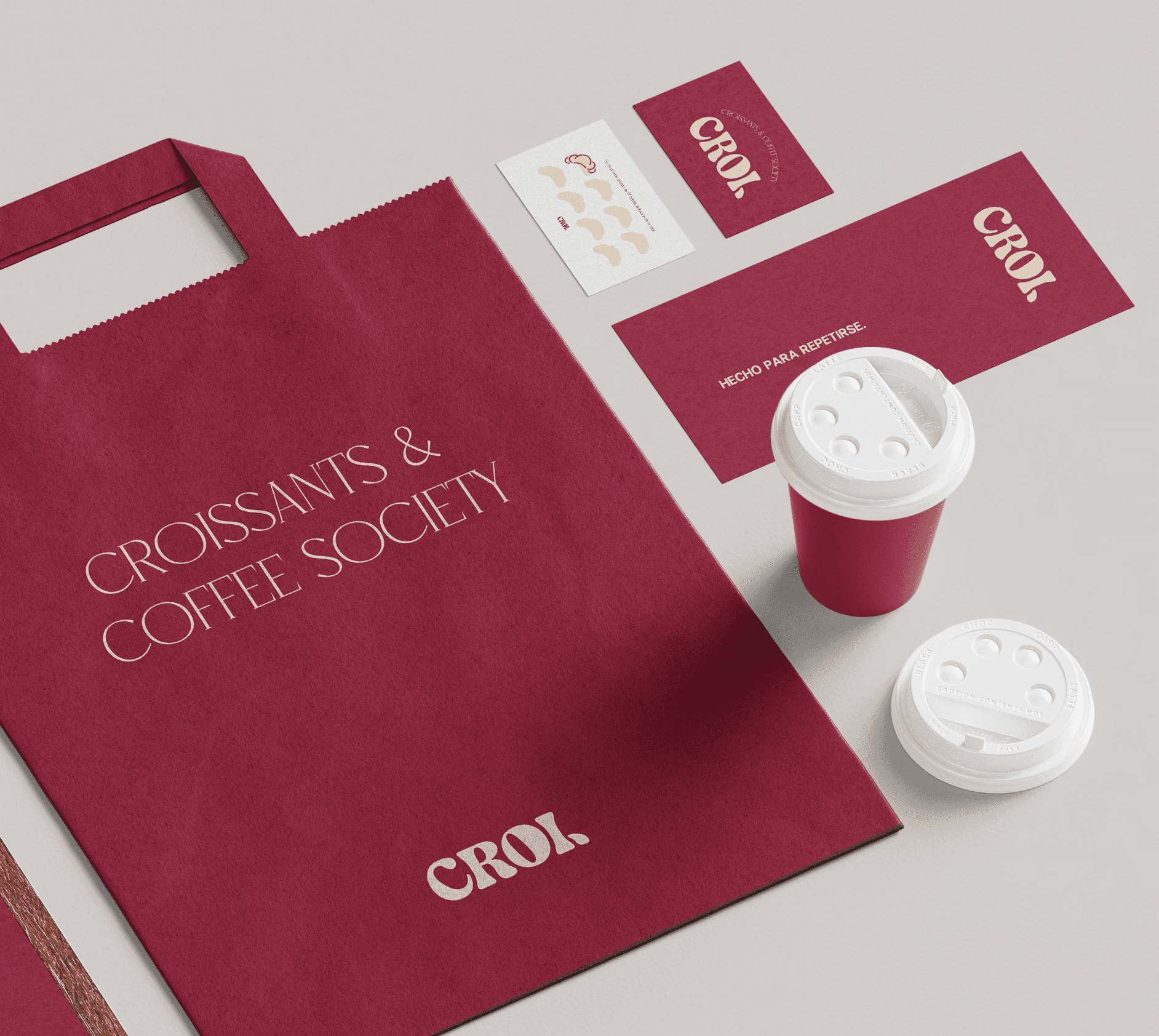 Visual identity applications for Croi croissants and coffee brand