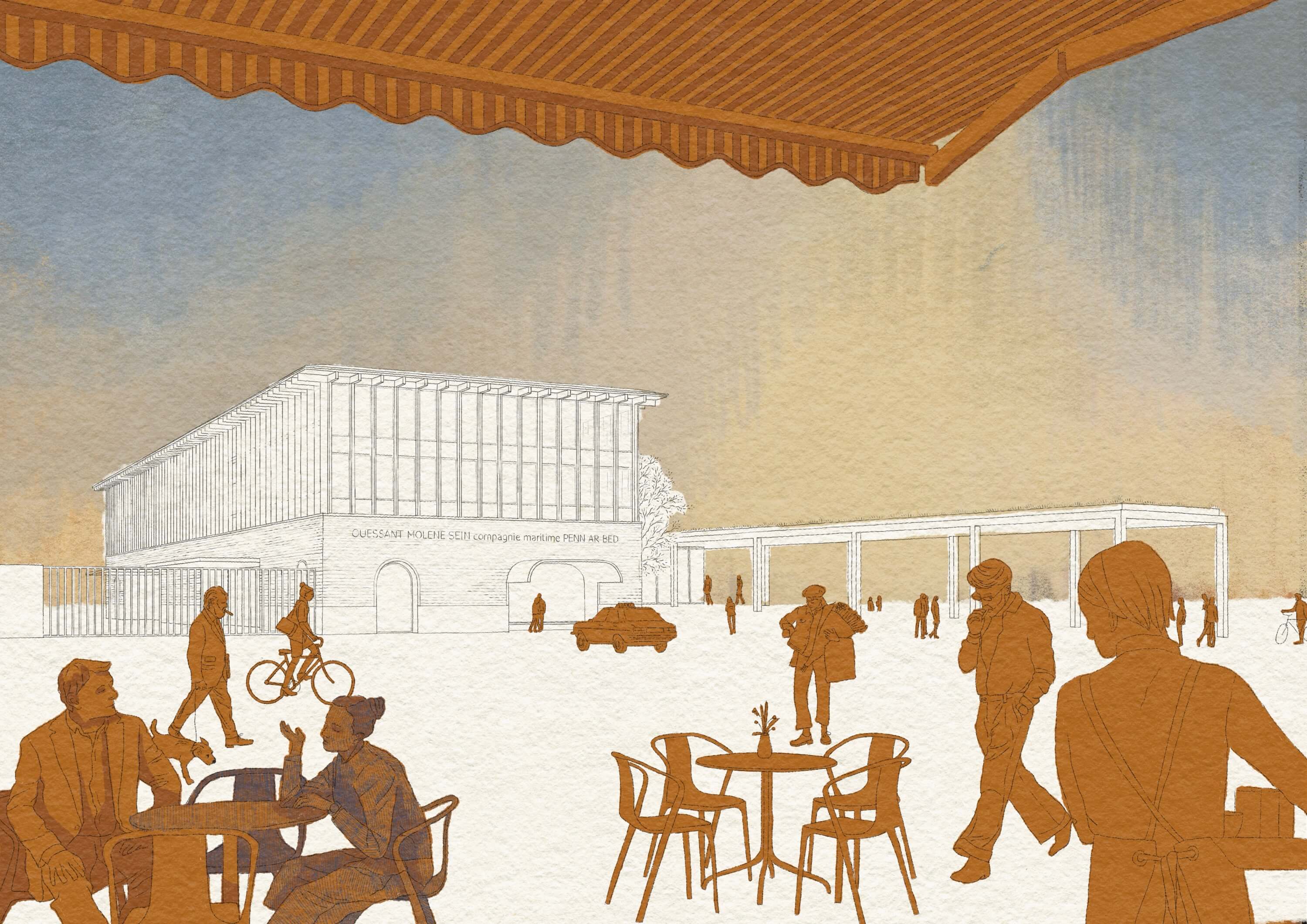 A sunny outdoor scene with people sitting at tables and a building in the background, featuring warm tones.