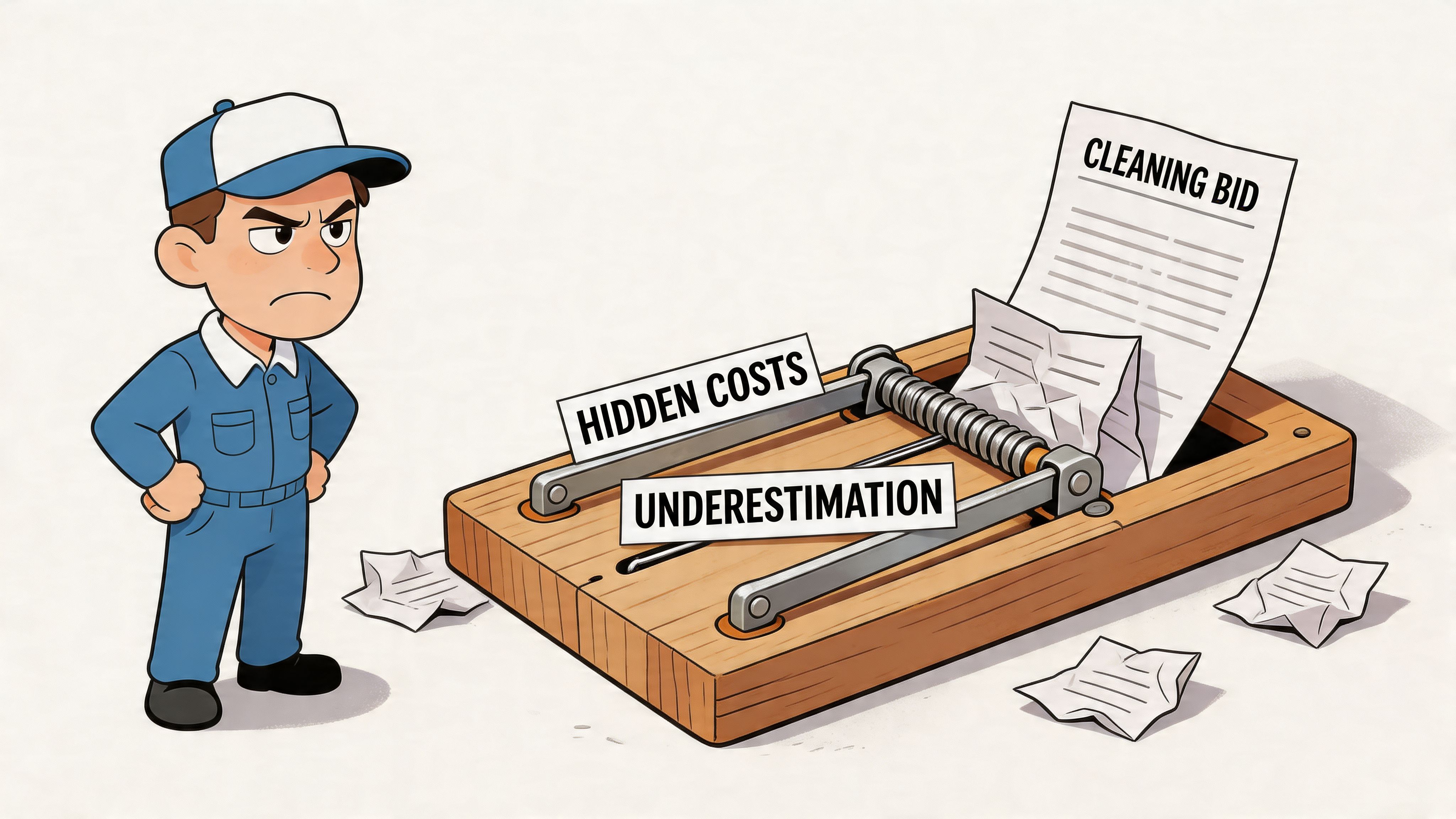An angry worker looking at a mousetrap baited with a cleaning bid document representing business risks.