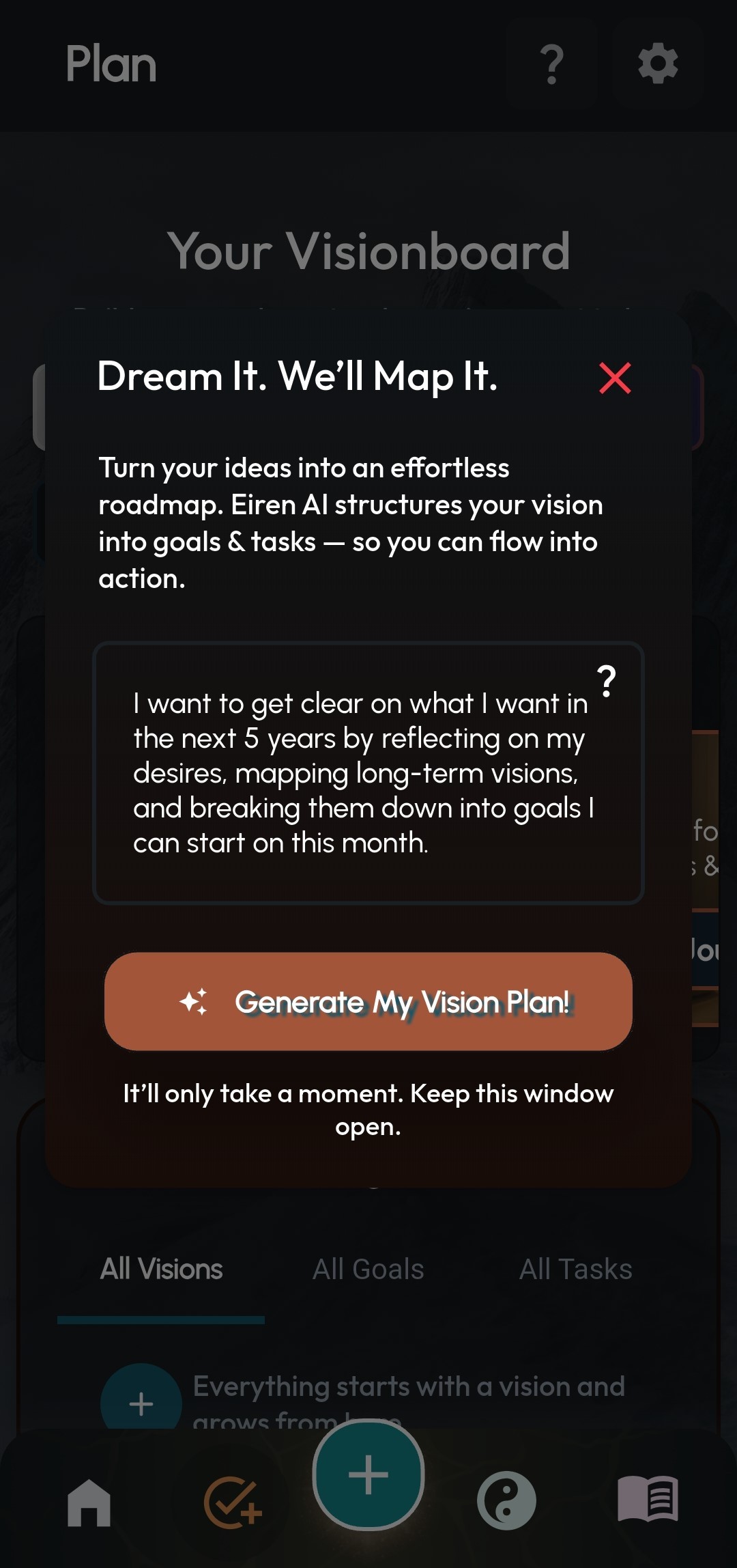 Eiren AI app showcasing the Full Vision Creator feature. Transform your dreams into actionable projects and daily tasks with AI support.
