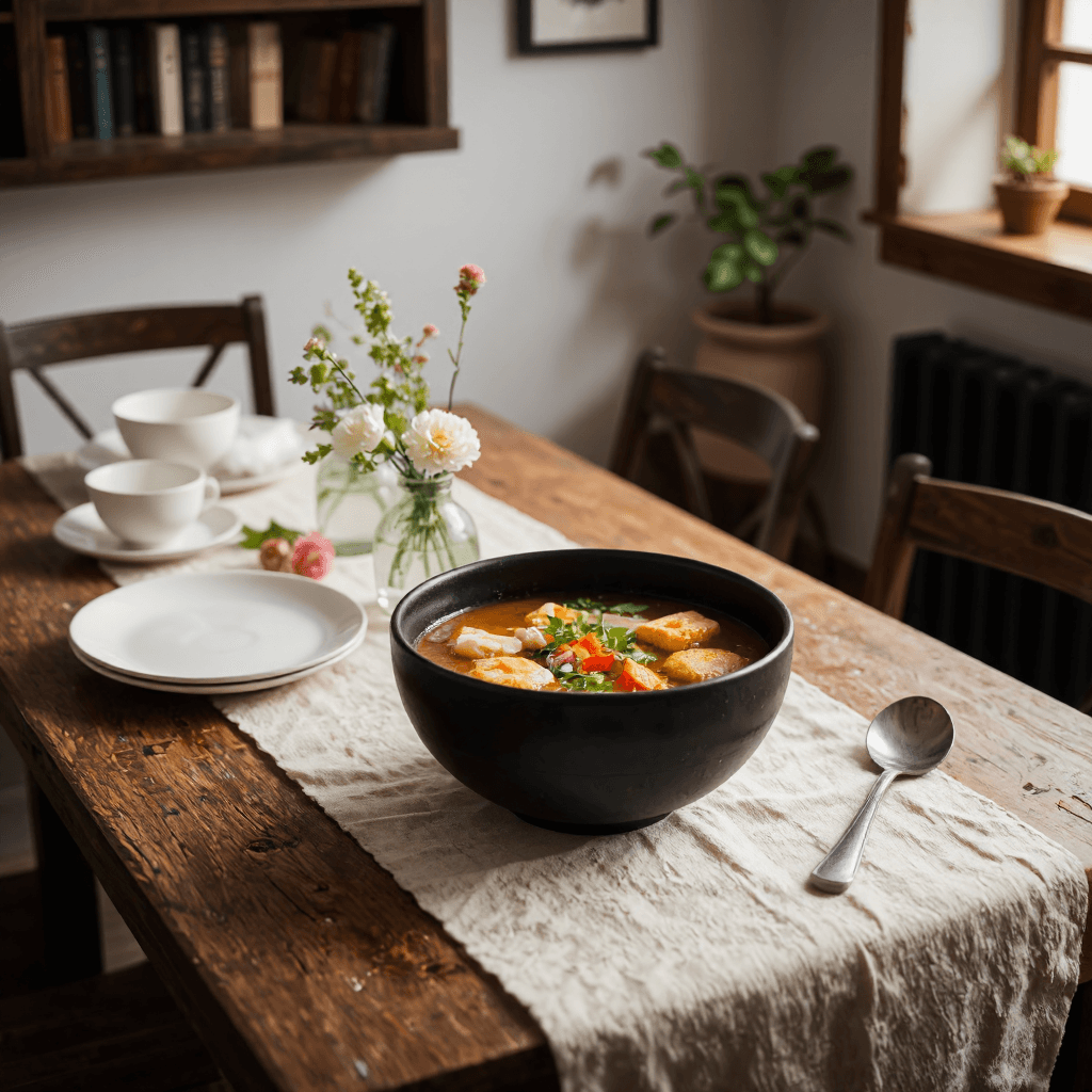 product photography of a bowl of soup with various fish cakes and ingredients