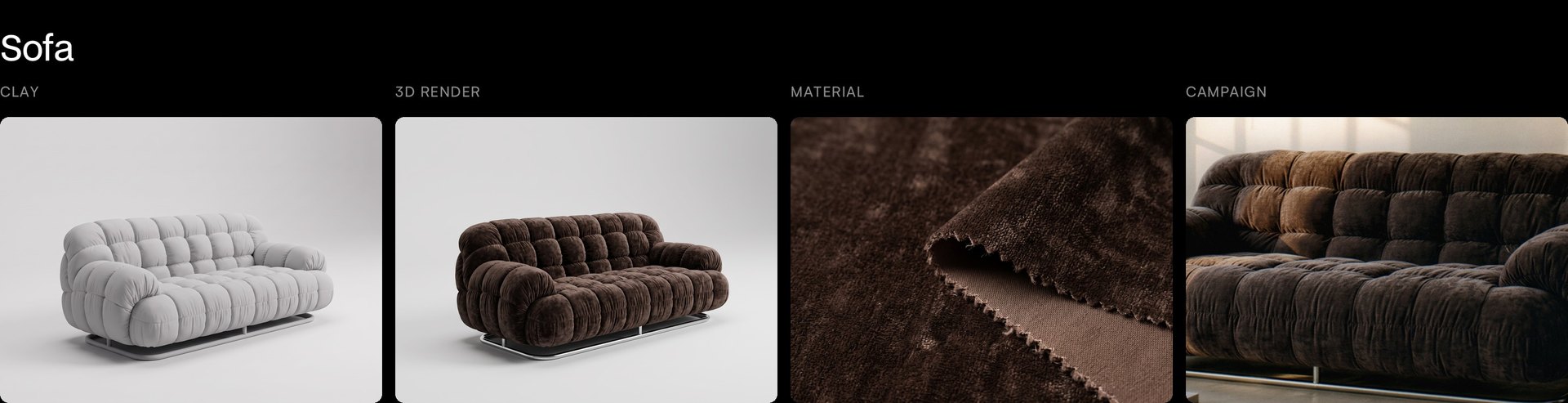 Carnela sofa as clay render, 3D render, chenille close-up and campaign image