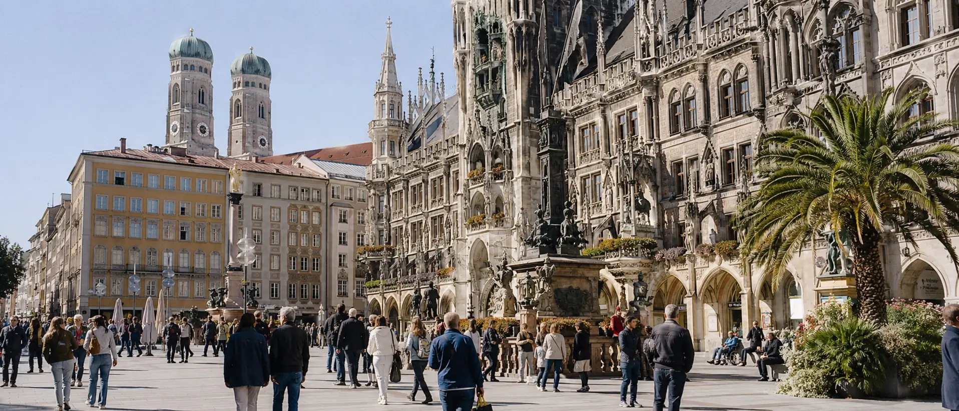 Münchner Marienplatz mit Frauenkirche im Hintergrund und Passanten im hellen Tageslicht