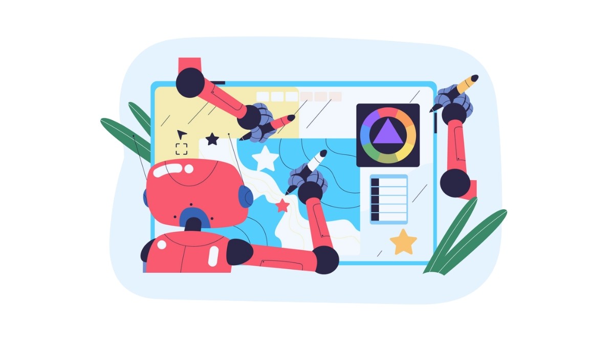 Illustration of a red multi-armed robot interacting with a digital design interface featuring a color wheel, checklist, and abstract shapes—representing creative coding with the Processing programming language through visual projects and interactive examples.