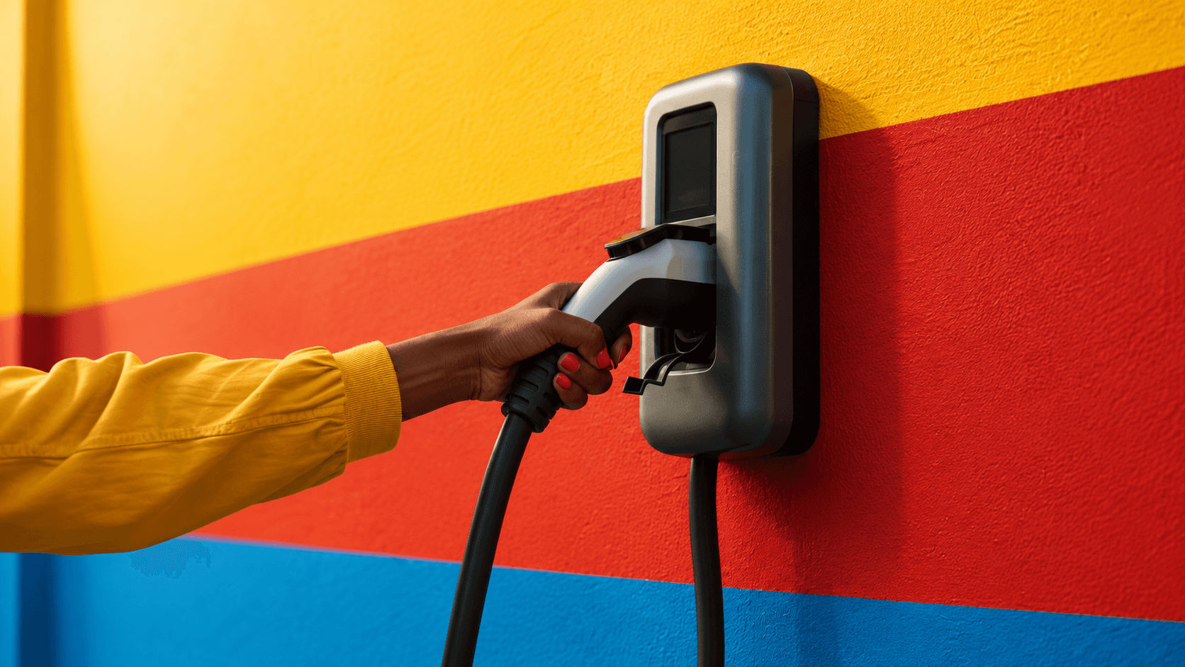 main qui tient un chargeur de recharge de VE