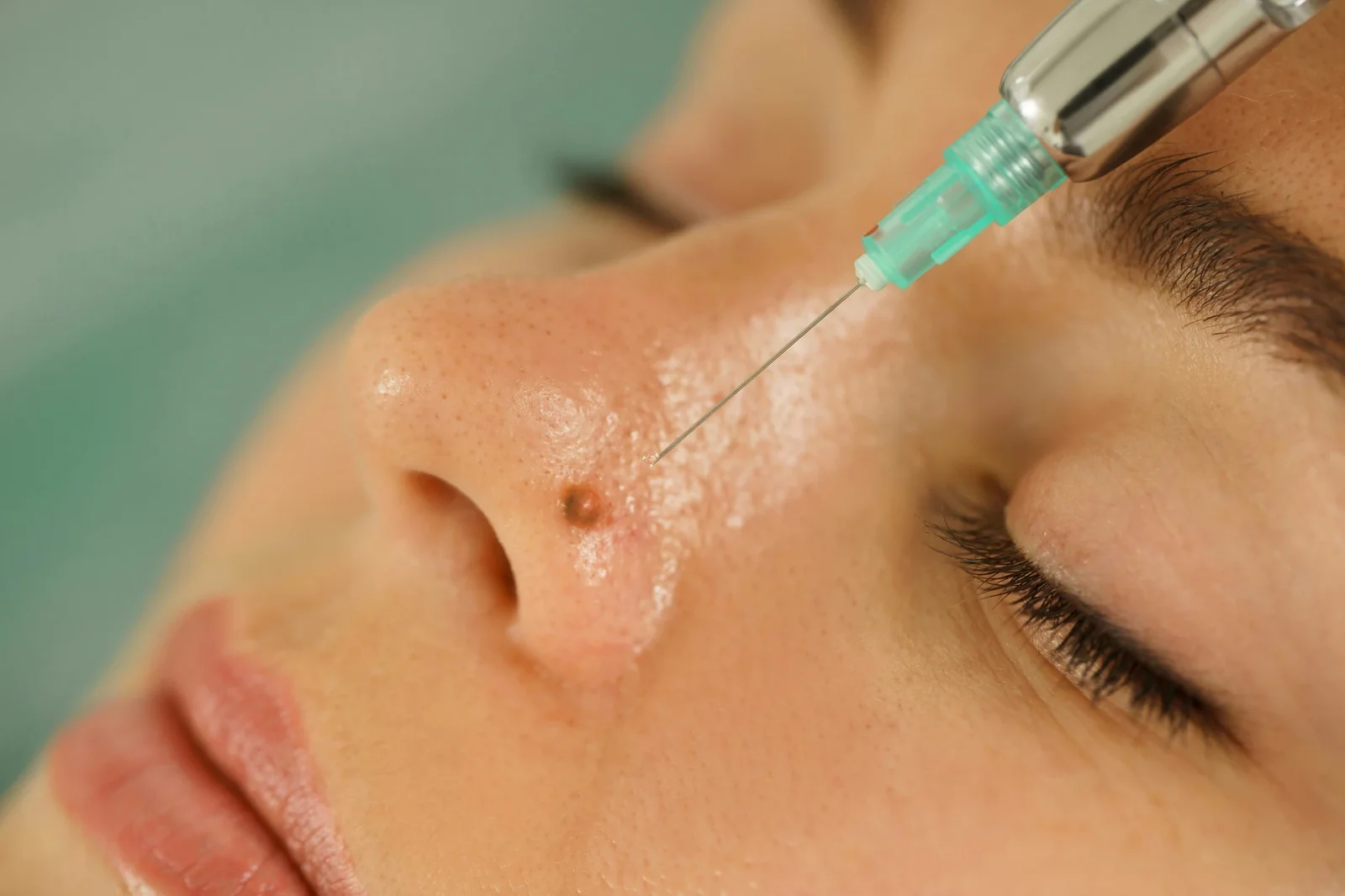 Healthcare professional administering injection to patient's cheek during cosmetic dermatology treatment.