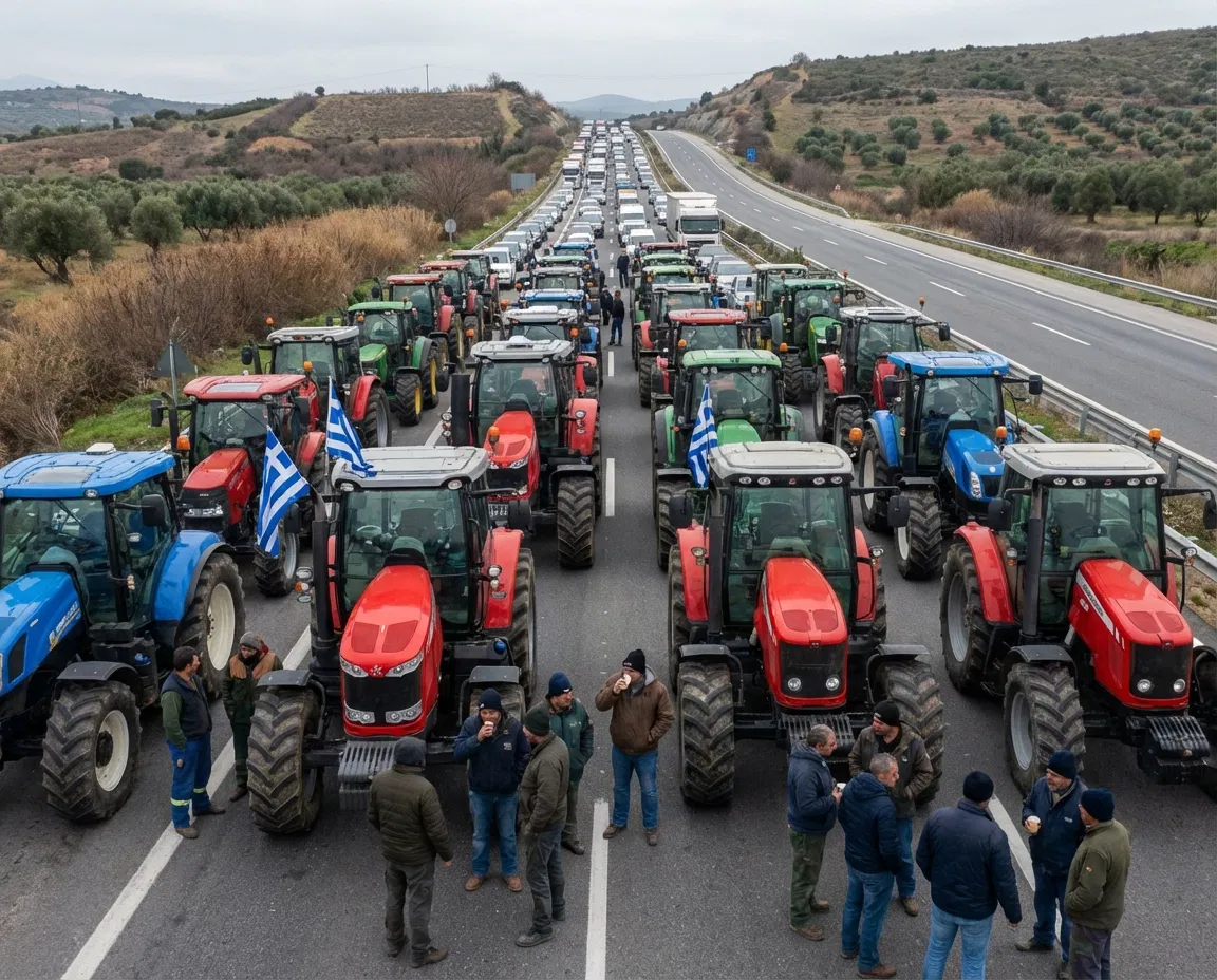 Greek farmers with tractors blocking a highway during nationwide agricultural protests.