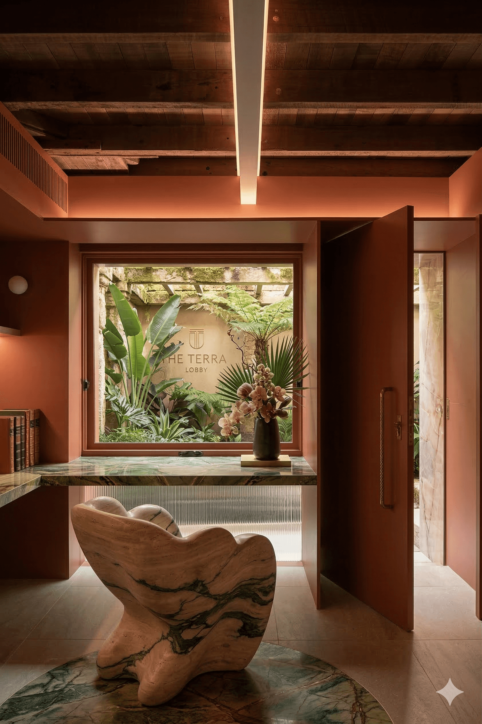Terracotta workspace with custom wooden desk, warm plaster walls, natural light, and abstract wall art.