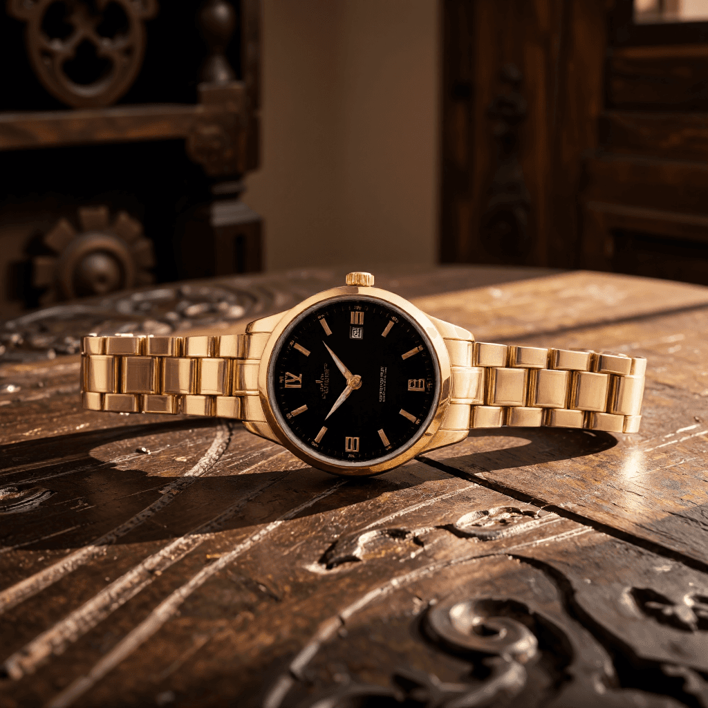 product photography of a wristwatch with a gold-tone metal band and a black dial