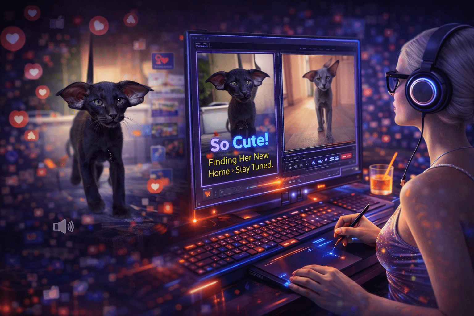 A woman wearing headphones works on a digital art piece featuring a cat using a graphics tablet and dual monitors, with vibrant social media icons and engagement metrics surrounding her workspace; this setup is perfect for Viral Reels creation by Optima Quality Solutions.
