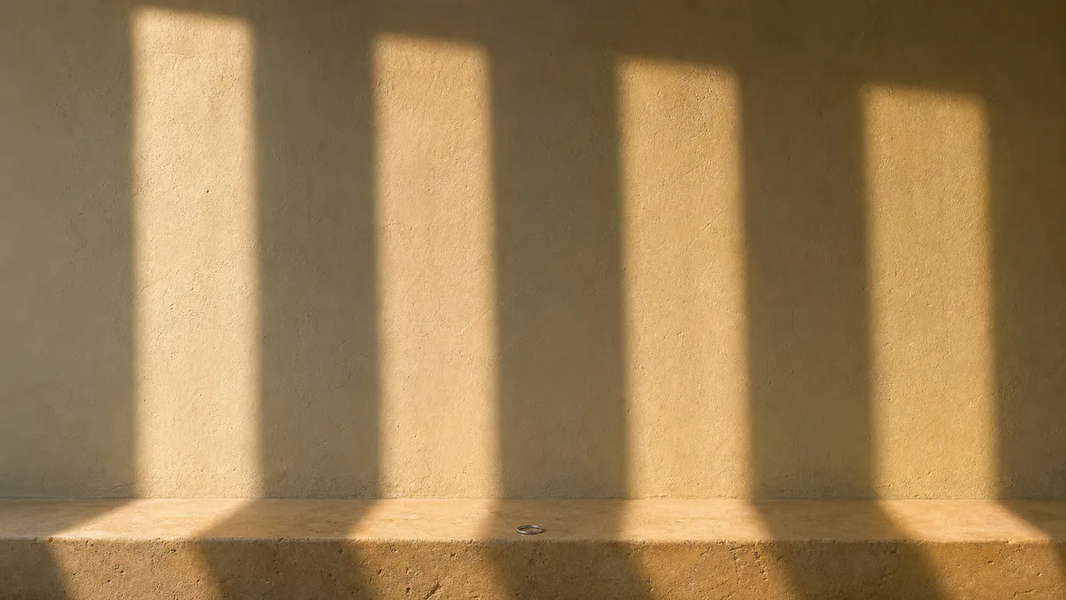 Four bands of sunlight above a plain silver ring on a sandstone sill