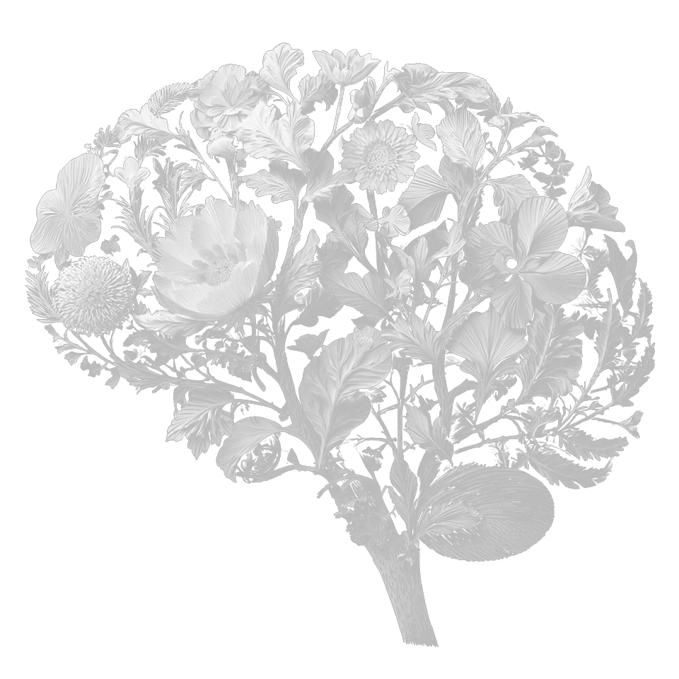 A grayscale illustration of flowers, leaves, and stems forming the outline of a human brain.