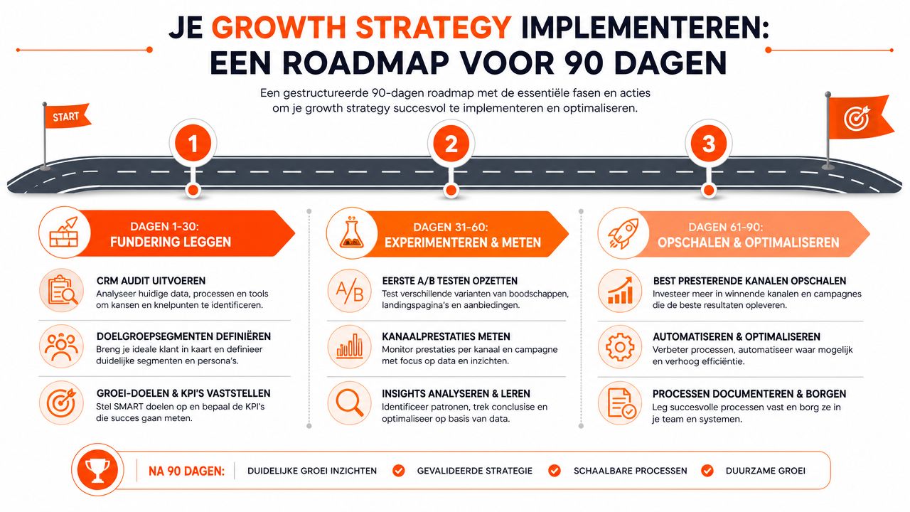 Een overzichtelijke infographic met een 90-dagen roadmap voor het implementeren en optimaliseren van een zakelijke groeistrategie.