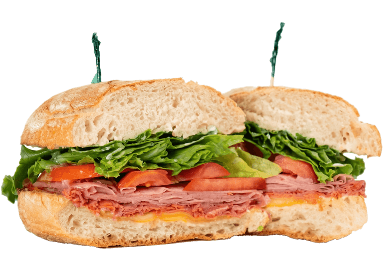 Sampanini sandwich with mortadella, capicola, salami, provolone, lettuce and tomato on a ciabatta roll