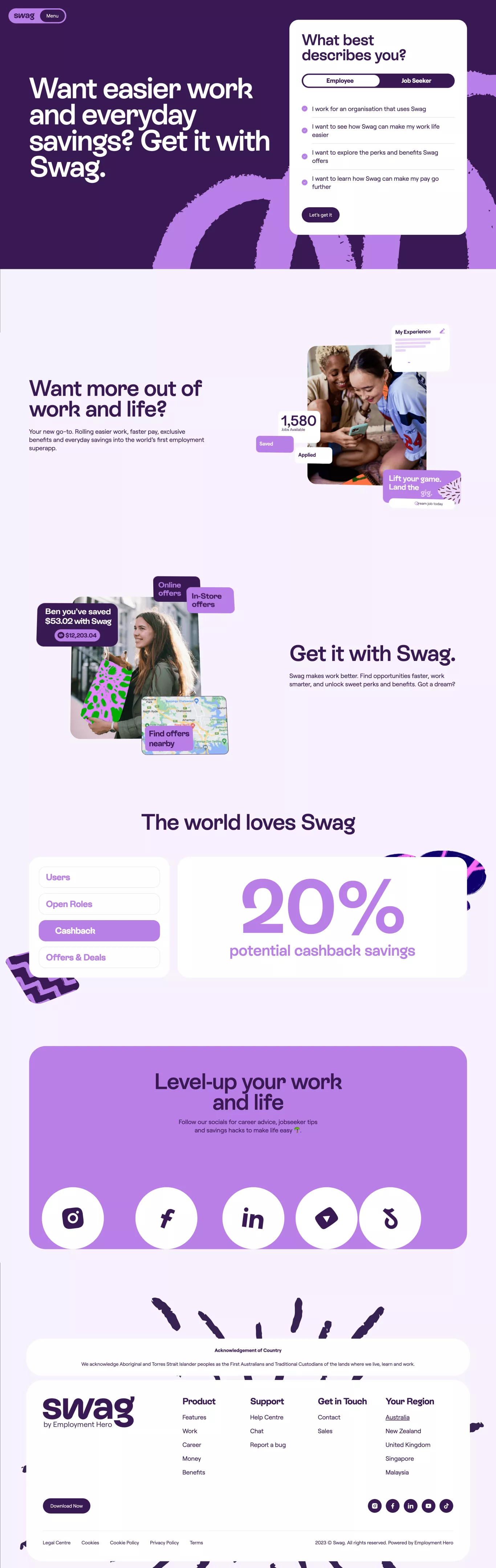 Swag: The All-in-one Superapp For Smarte landing page screenshot showcasing HR and Tech design