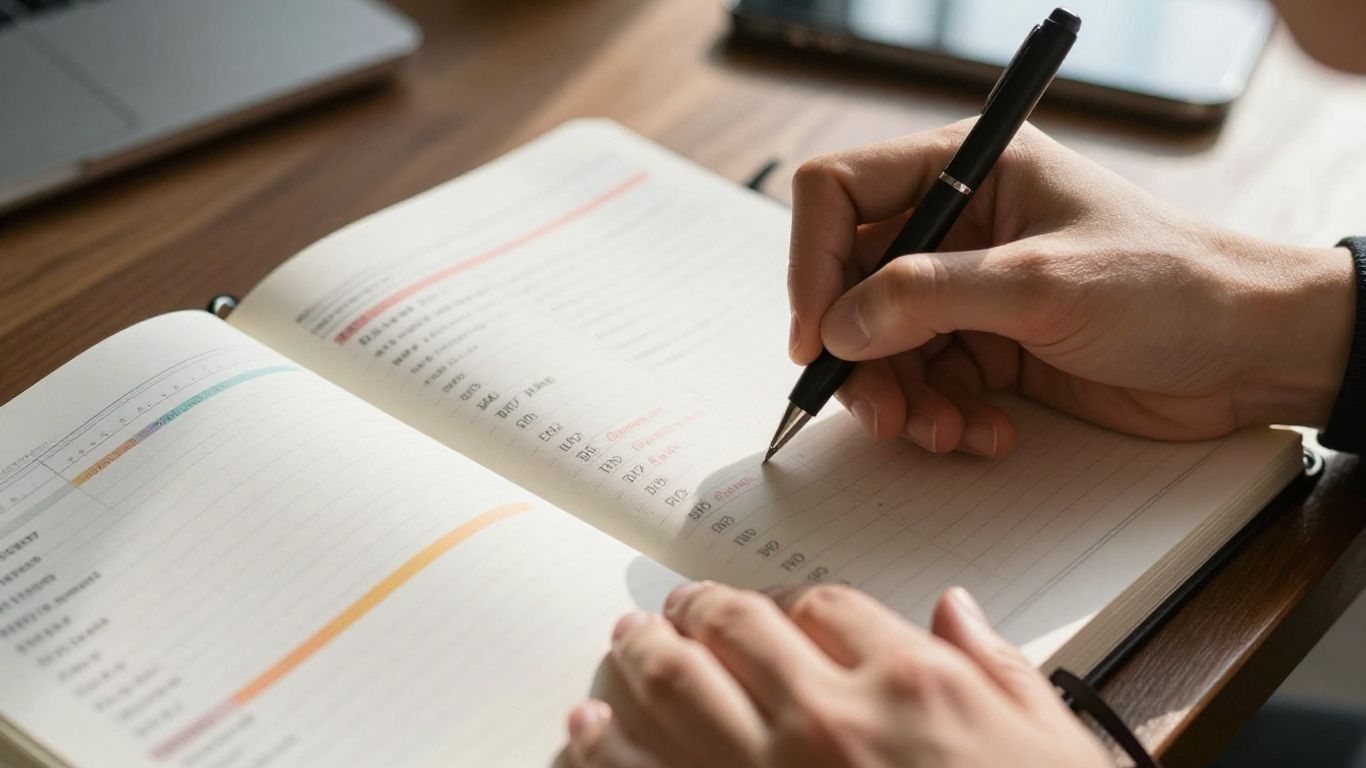 Hands writing in a timeboxed planner.
