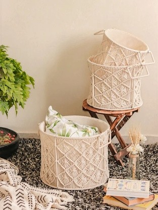 Handcrafted macrame laundry basket with cotton lining