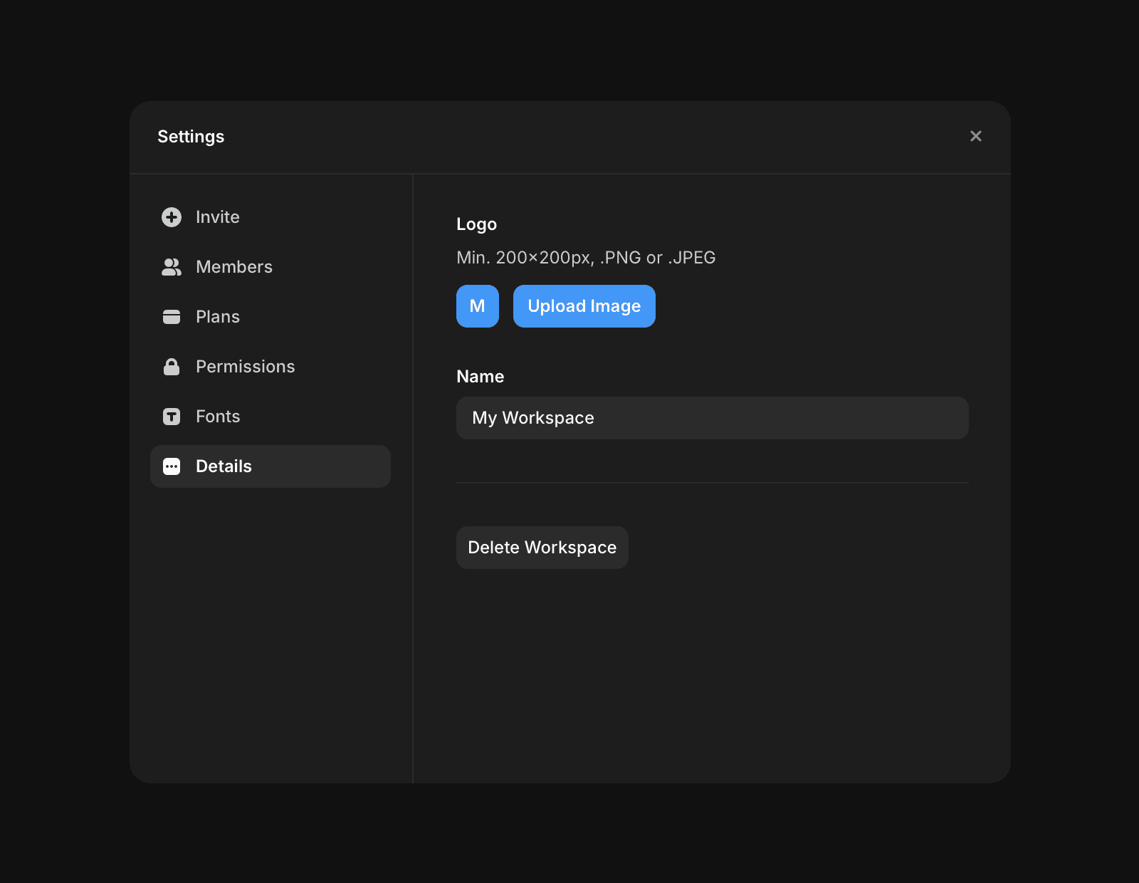 A dark-themed settings interface open to the "Details" tab. The panel allows users to upload a workspace logo with a minimum resolution of 200x200px in PNG or JPEG format. A text field shows the workspace name as "My Workspace," and a button at the bottom allows users to "Delete Workspace."