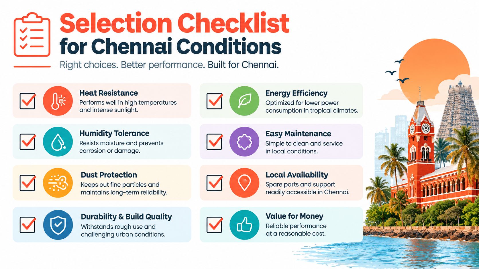 An infographic checklist for selecting products suitable for the hot and humid climate of Chennai, India.