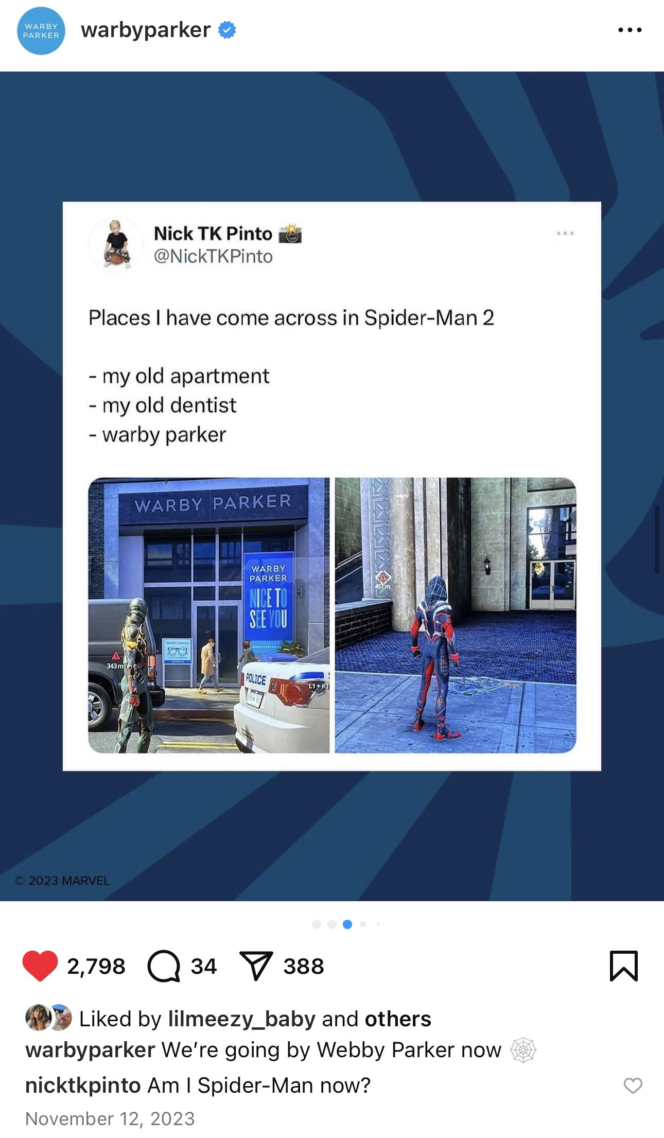 Screenshot of a social post showing a Warby Parker storefront referenced in a Spider-Man 2 scene.