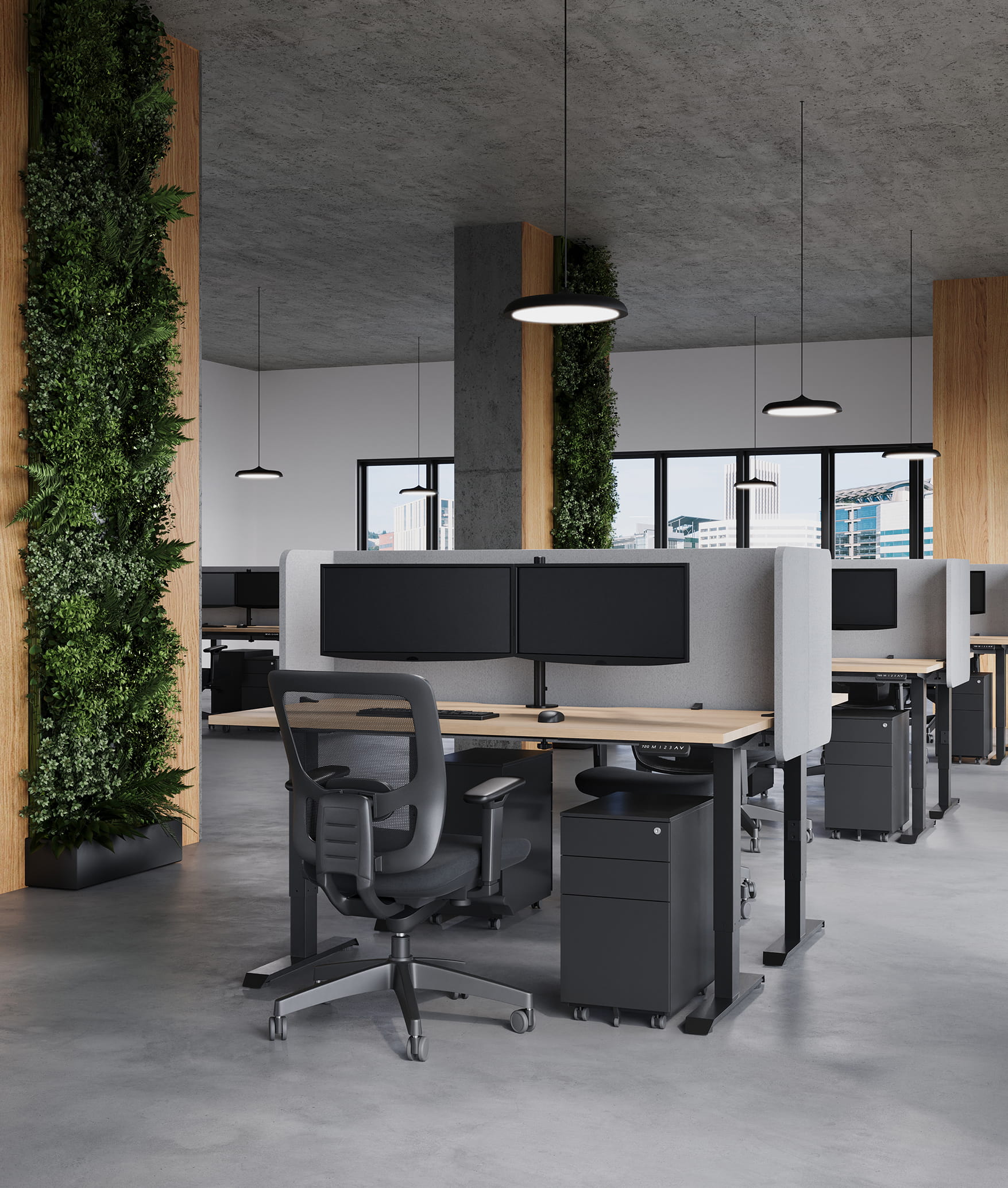 Open office workspace with desks, chairs, and partition panels