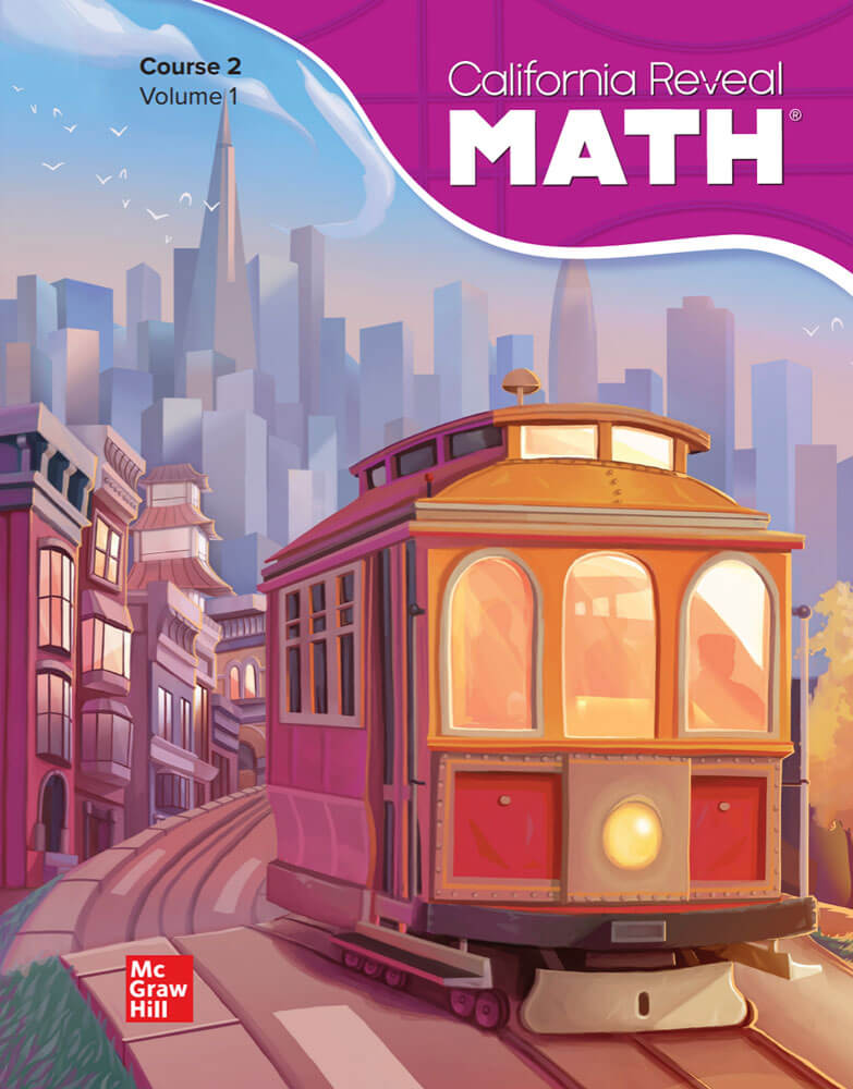 California Reveal Math textbook cover featuring a vibrant San Francisco cable car against a city skyline.