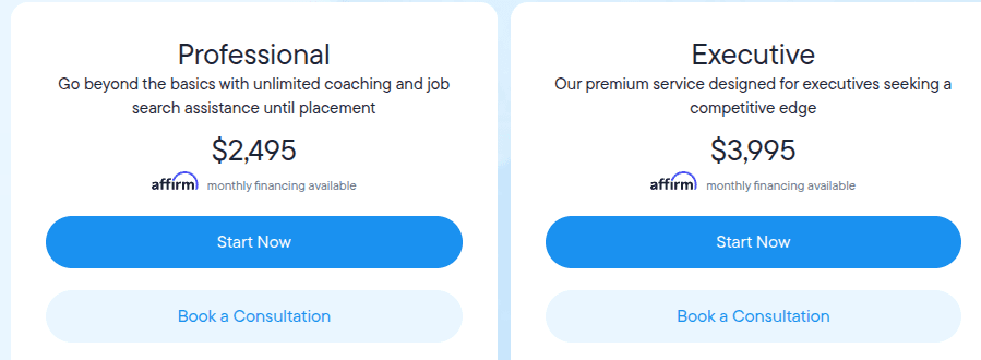 TopResume Get Hired plans: Professional $2,495, Executive $3,995