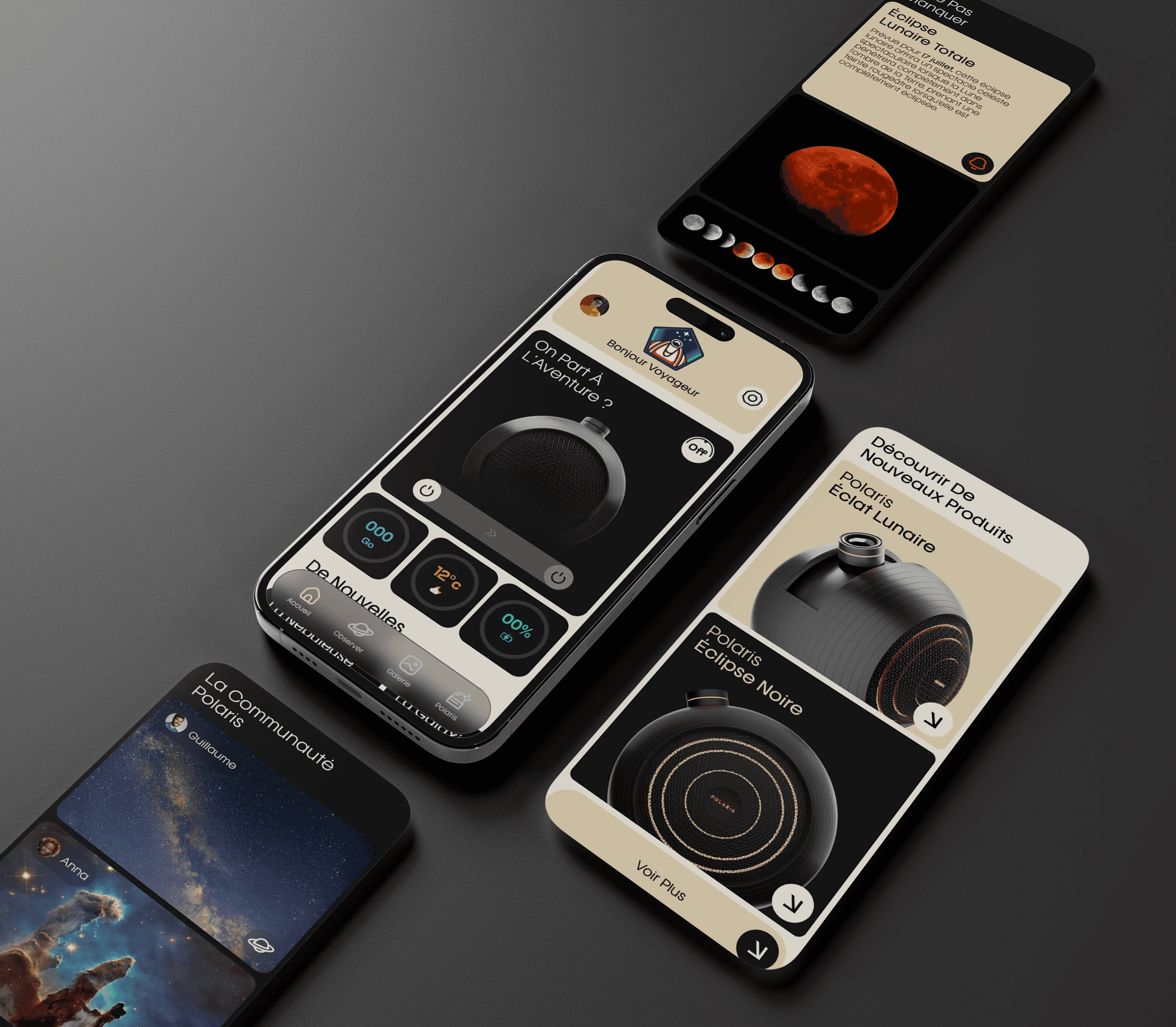 Mockup de l'application mobile Polaris montrant la navigation de la homepage.