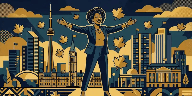 Retro vector blog header illustrating a successful businesswoman celebrating in front of a Canadian cityscape with maple leaves, designed in a flat mid-century poster aesthetic.