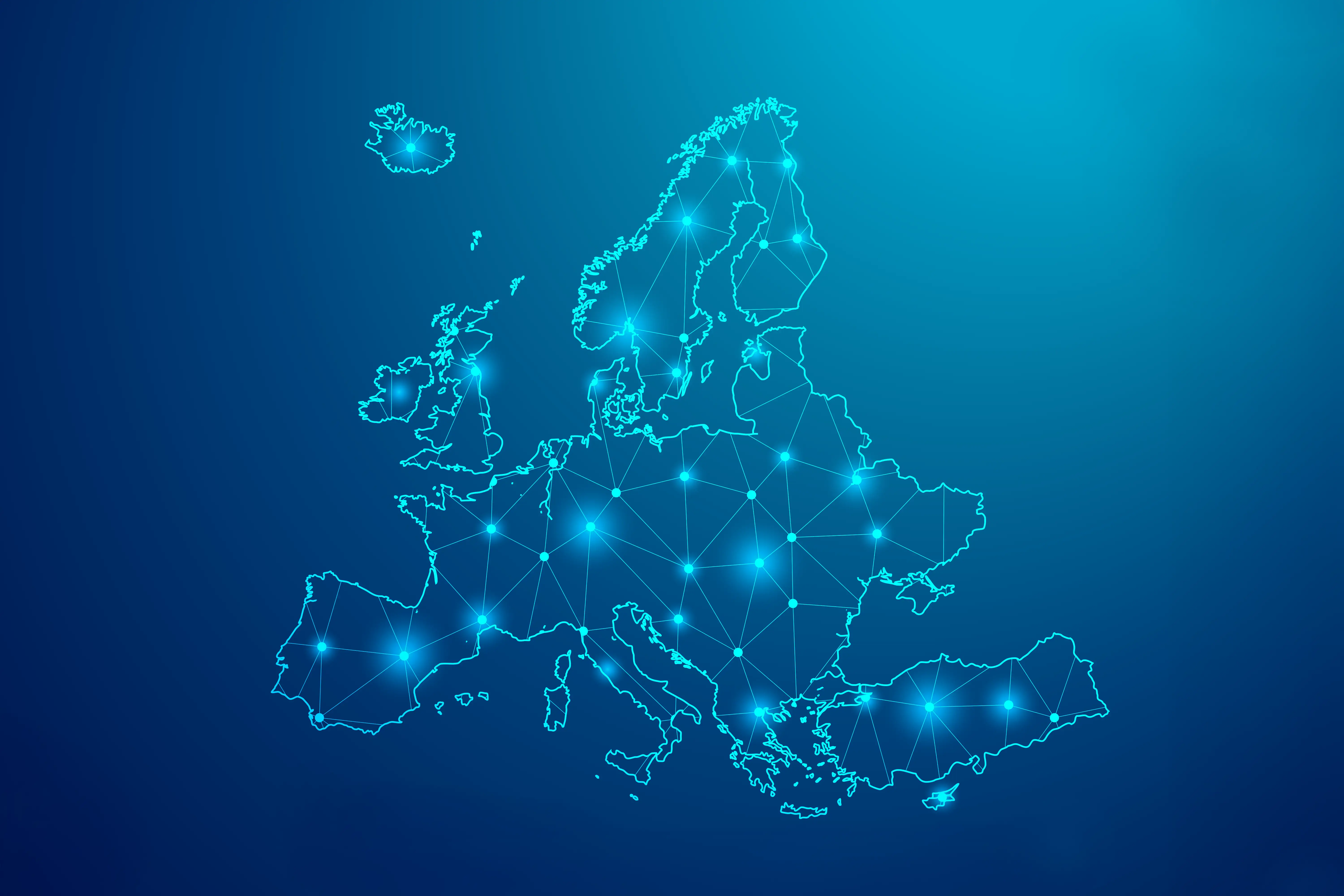 Digital map of Europe with glowing network nodes and connecting lin